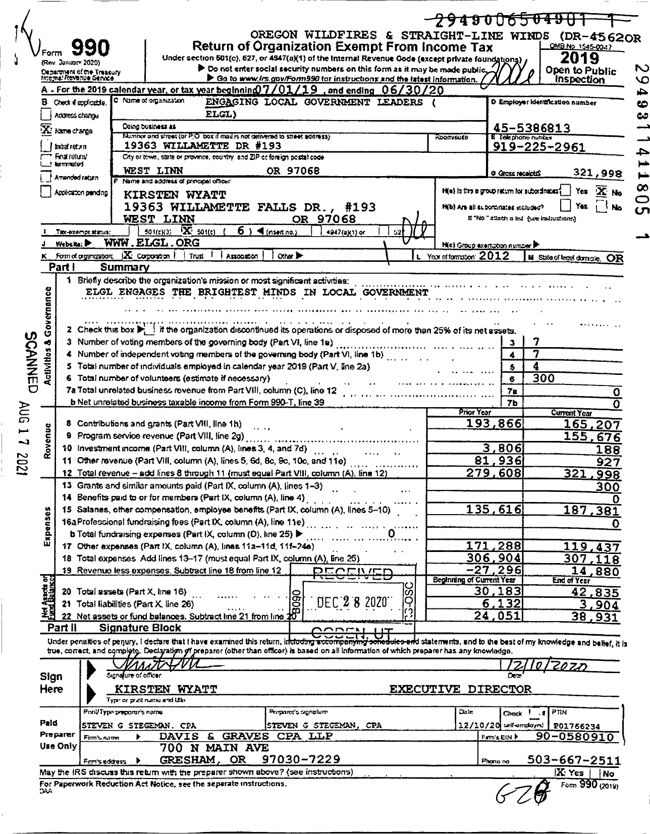 Image of first page of 2019 Form 990O for Engaging Local Government Leaders (ELGL)