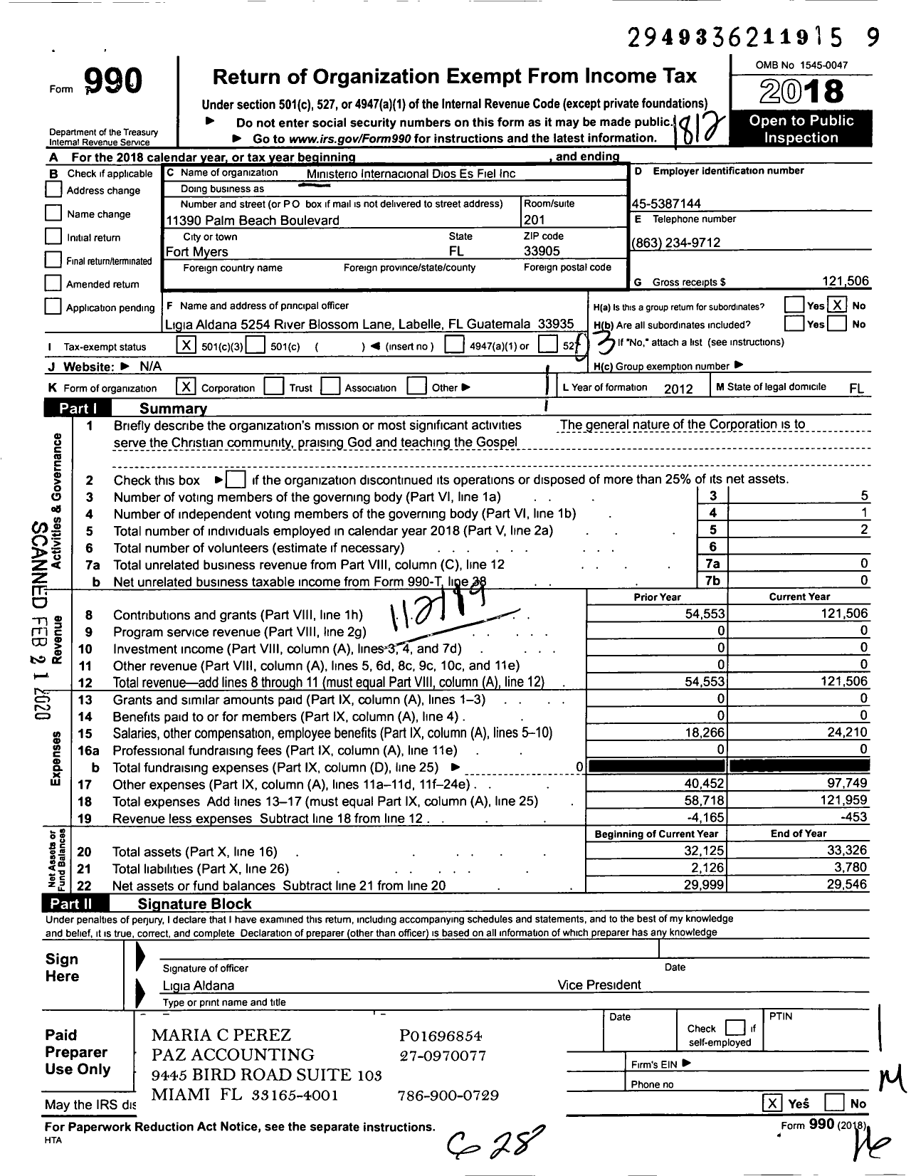 Image of first page of 2018 Form 990 for Ministerio Internacional Dios Es Fiel