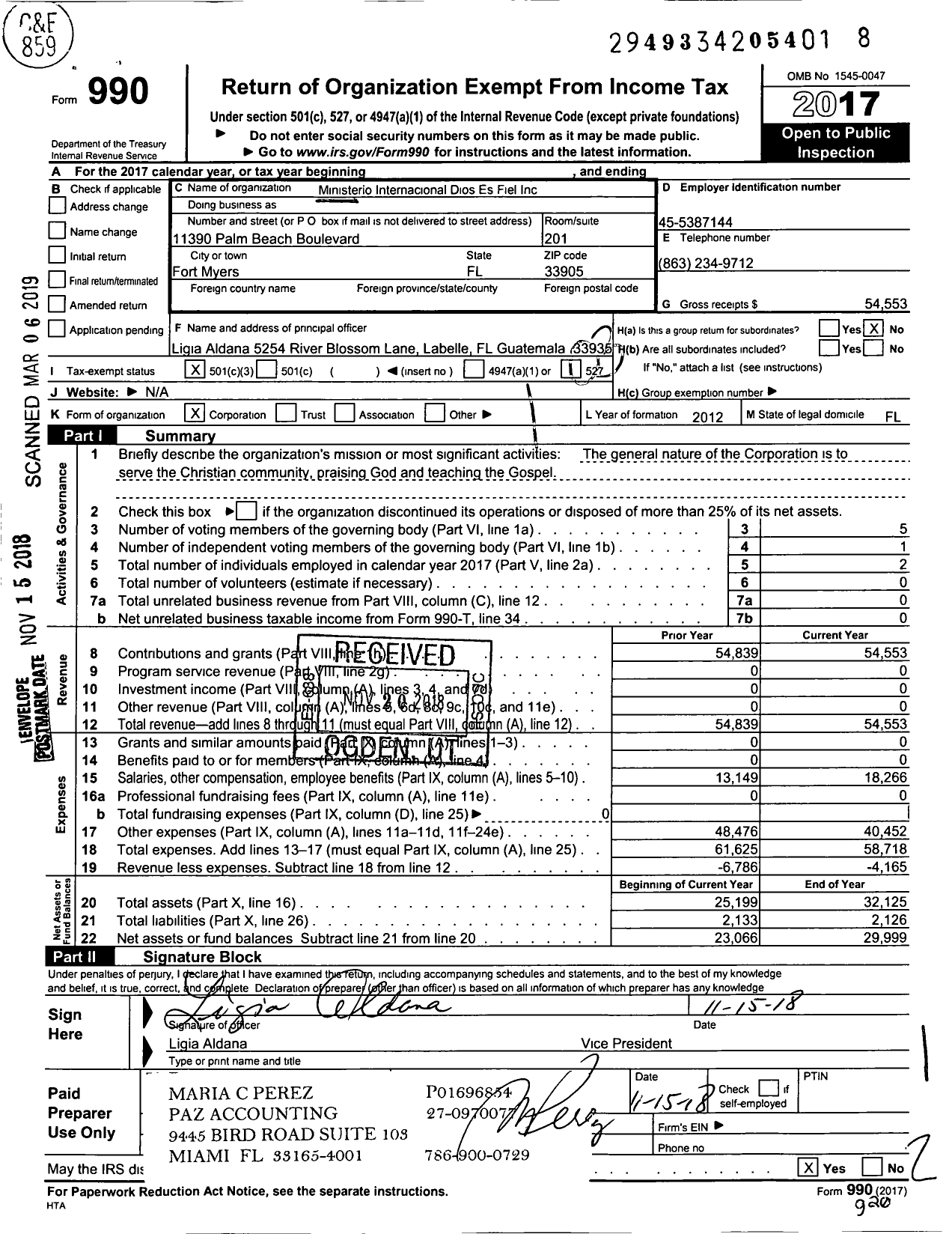 Image of first page of 2017 Form 990 for Ministerio Internacional Dios Es Fiel