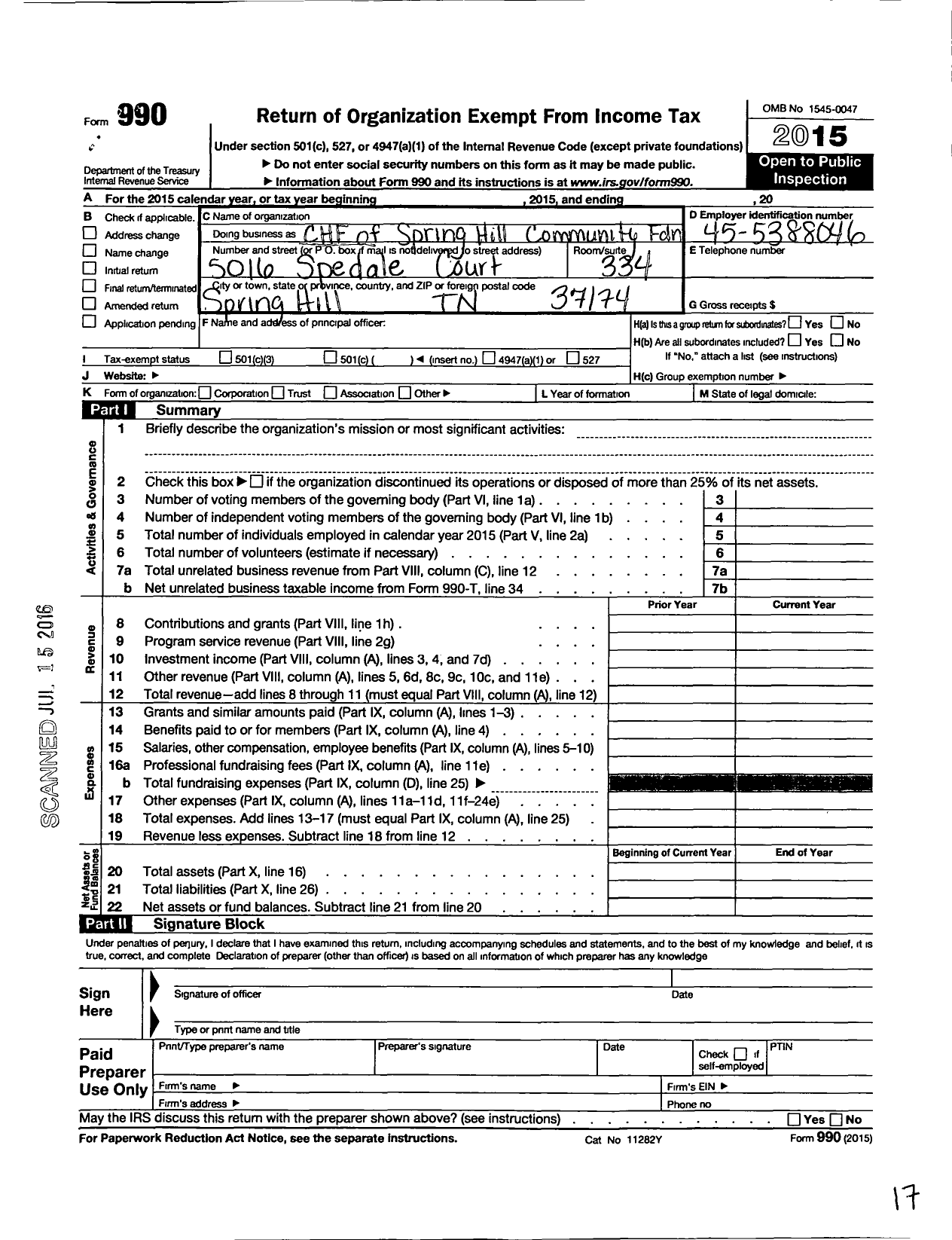 Image of first page of 2015 Form 990O for CHF of Spring Hill Community Foundation