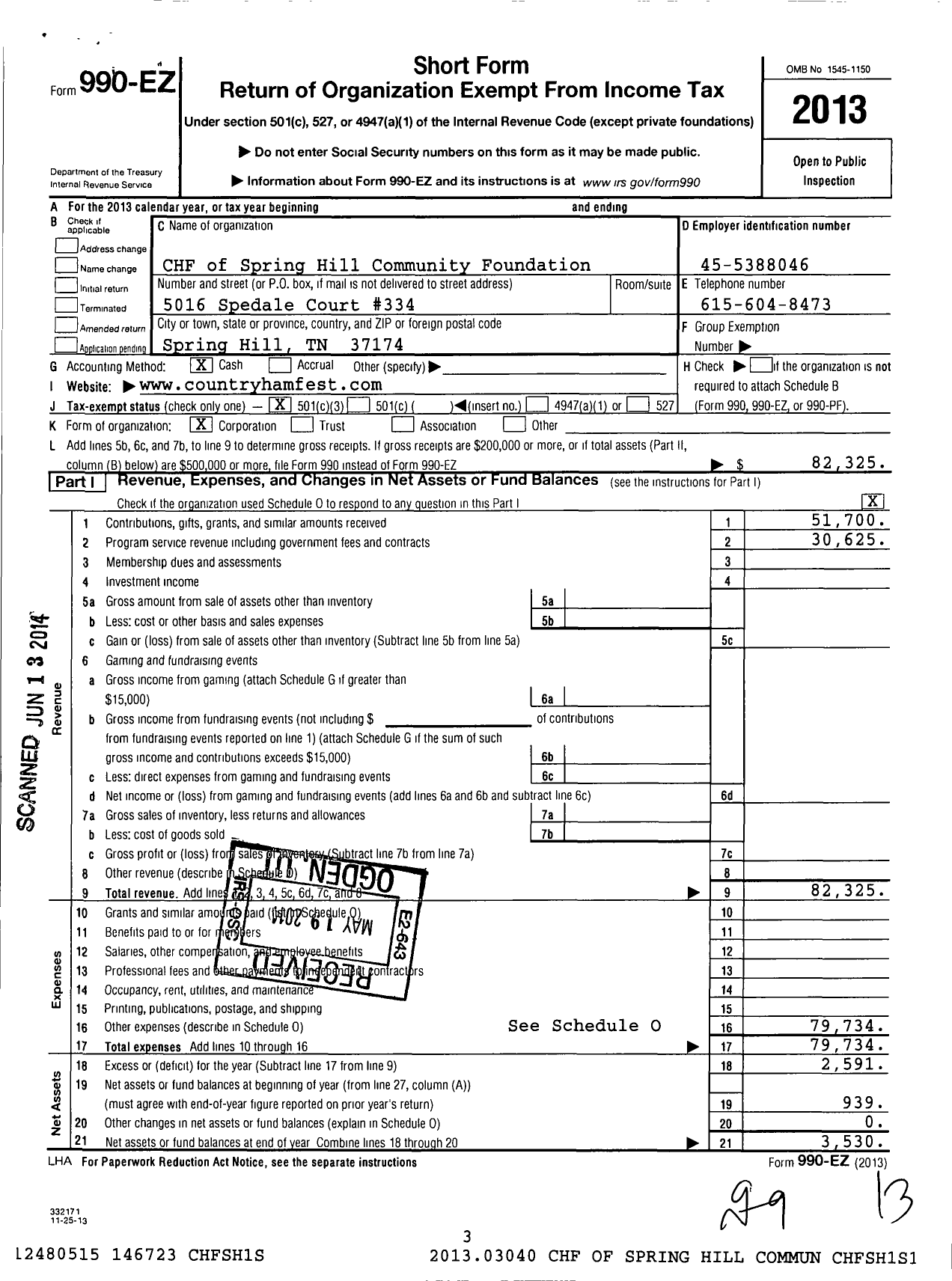 Image of first page of 2013 Form 990EZ for CHF of Spring Hill Community Foundation