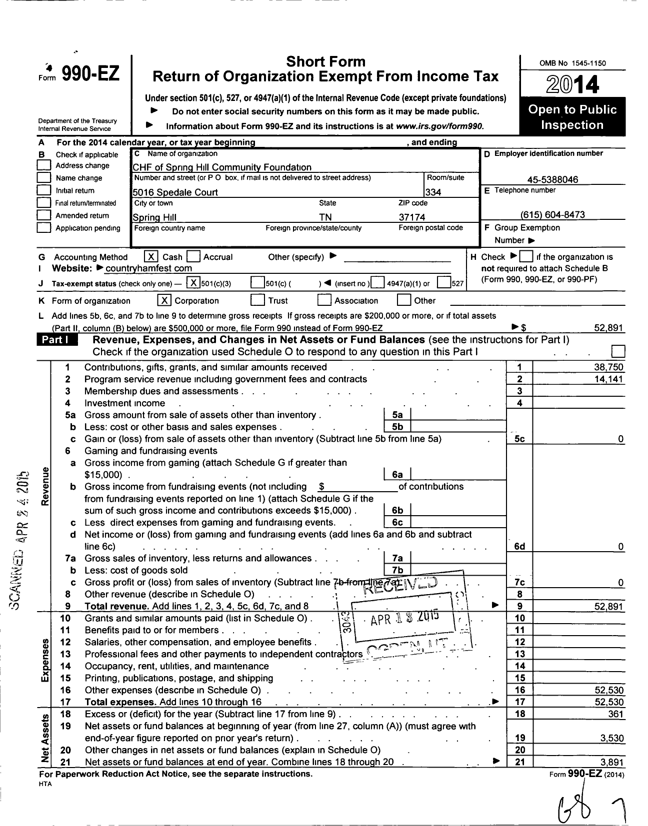 Image of first page of 2014 Form 990EZ for CHF of Spring Hill Community Foundation