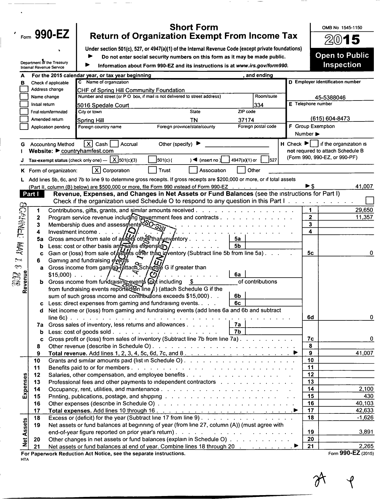 Image of first page of 2015 Form 990EZ for CHF of Spring Hill Community Foundation