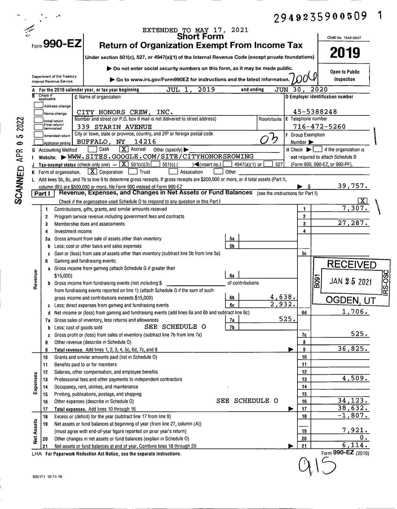 Image of first page of 2019 Form 990EZ for City Honors Crew