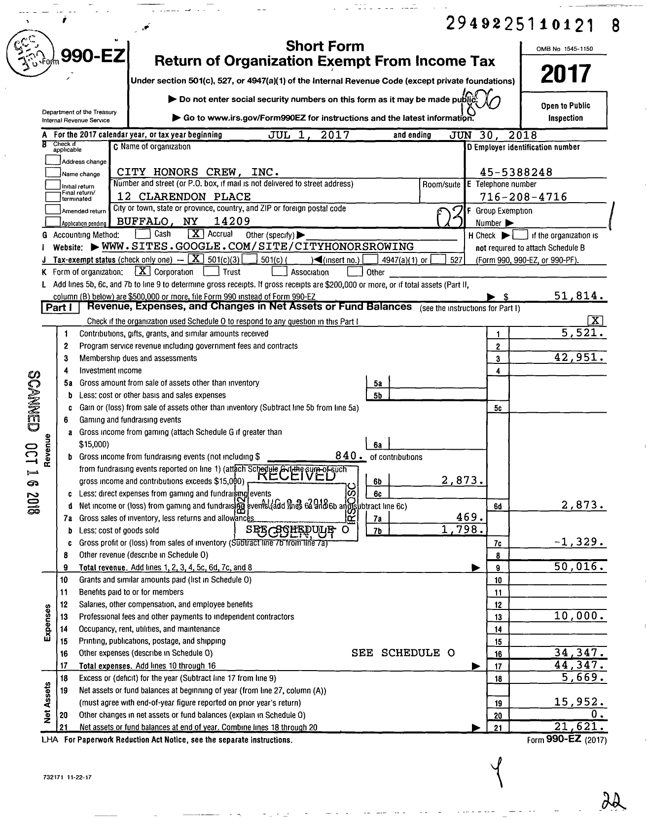 Image of first page of 2017 Form 990EZ for City Honors Crew