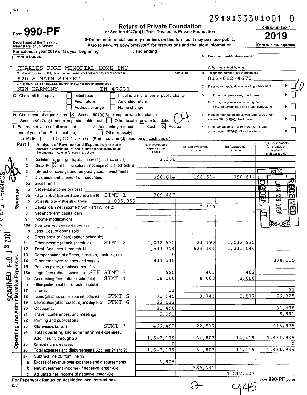 Image of first page of 2019 Form 990PF for The Charles Ford Memorial Home