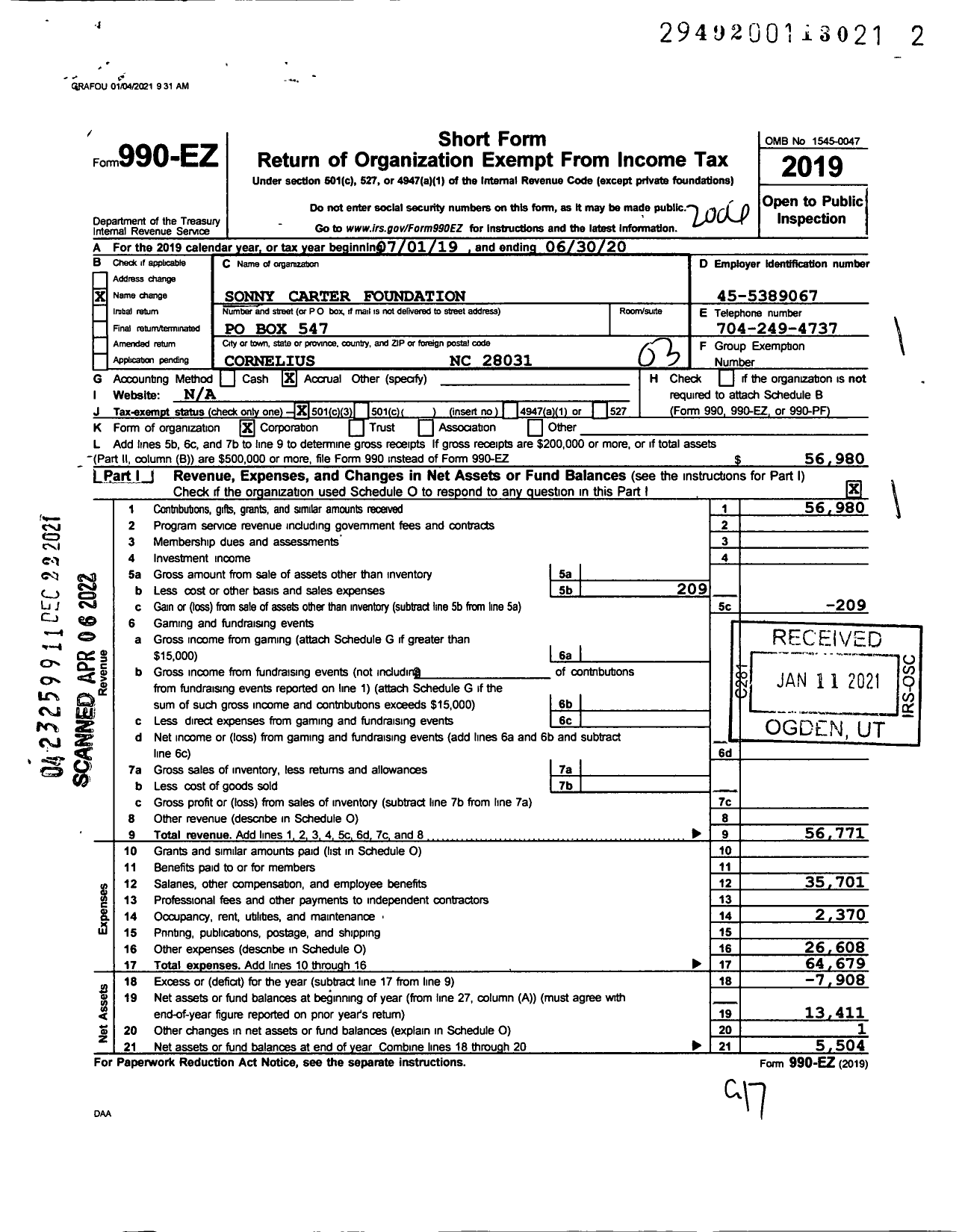 Image of first page of 2019 Form 990EZ for Sonny Carter Foundation