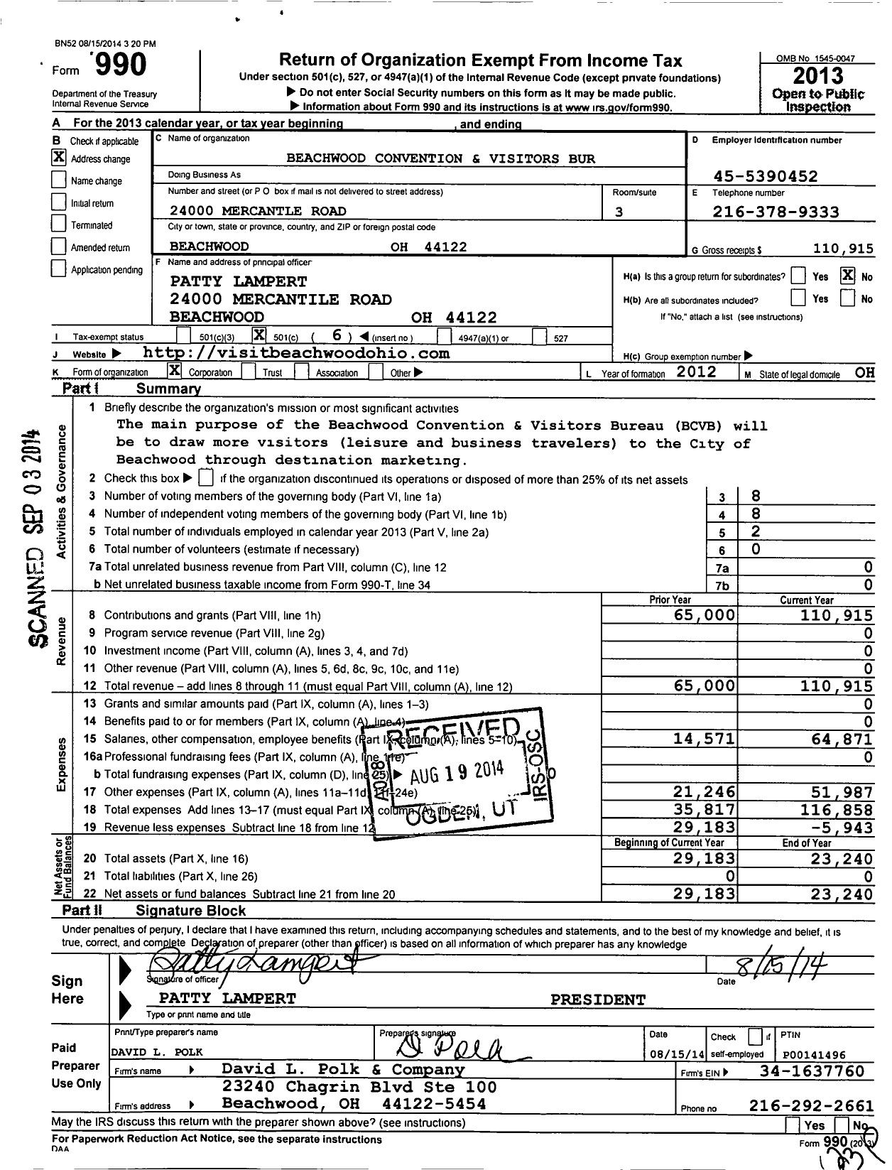 Image of first page of 2013 Form 990O for Beachwood Convention and Visitors Bur