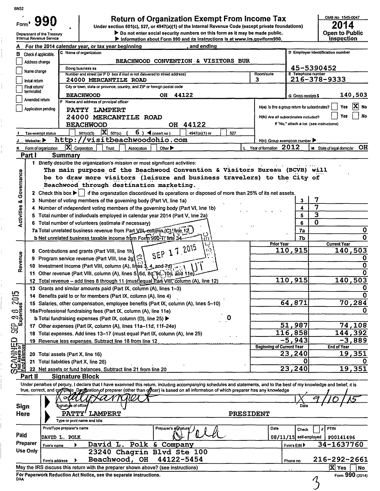 Image of first page of 2014 Form 990O for Beachwood Convention and Visitors Bur