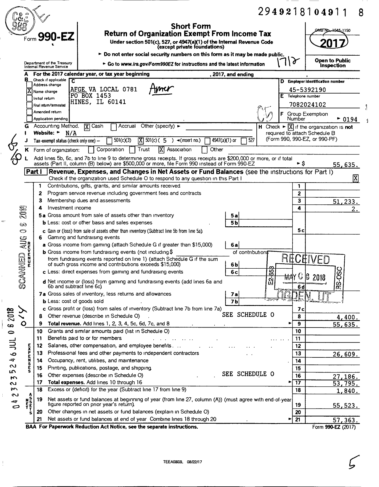 Image of first page of 2017 Form 990EO for American Federation of Government Employees - 0781 AFGE VA Local