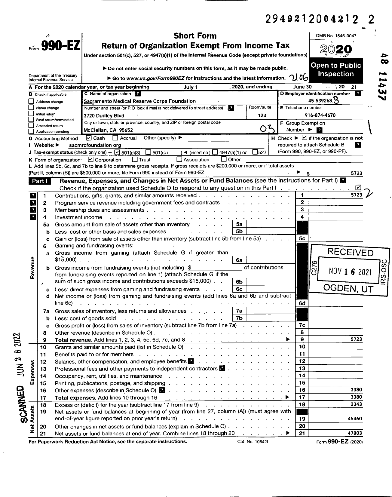 Image of first page of 2020 Form 990EZ for Sacramento Medical Reserve Corps Foundation