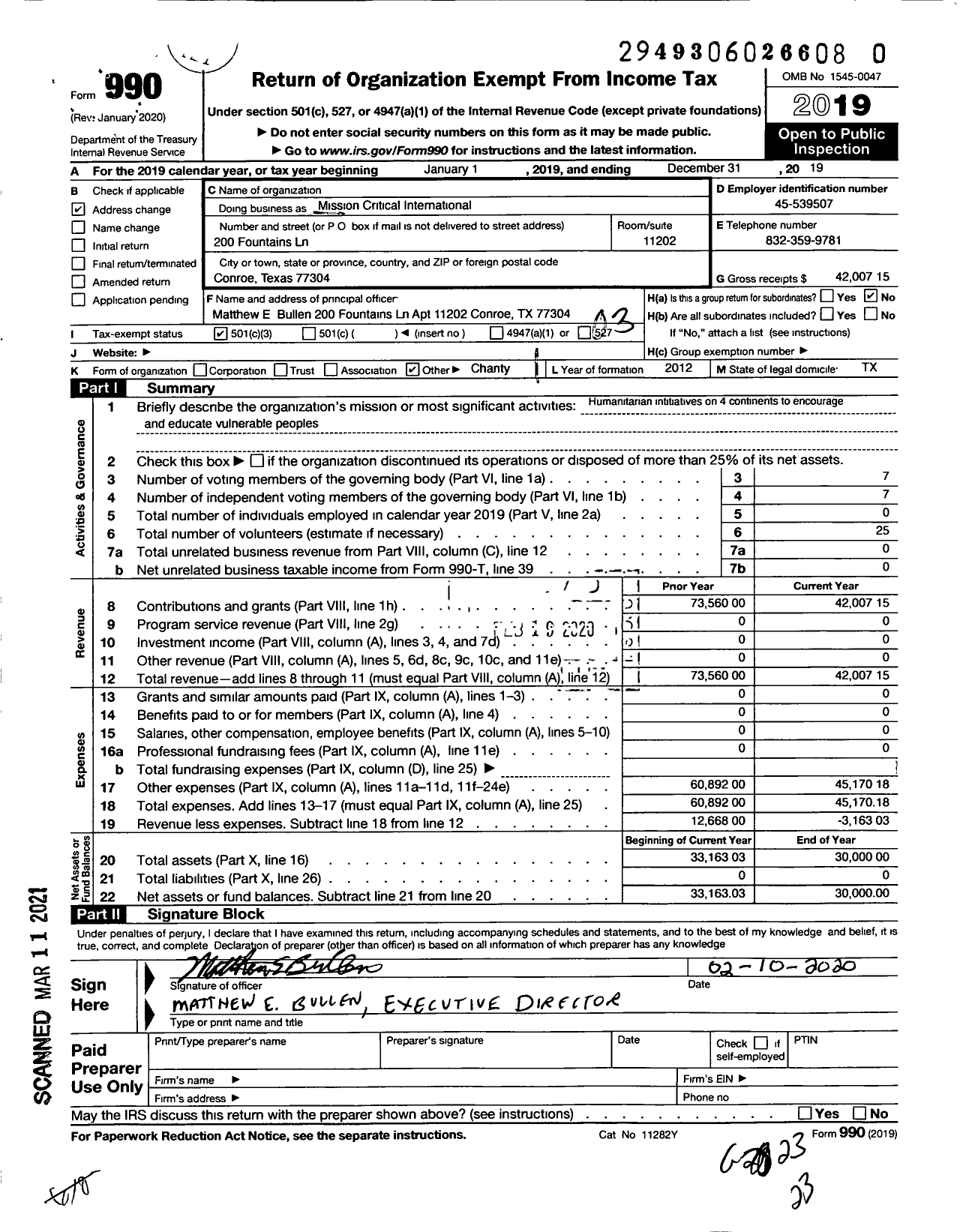 Image of first page of 2019 Form 990 for Mission Critical International