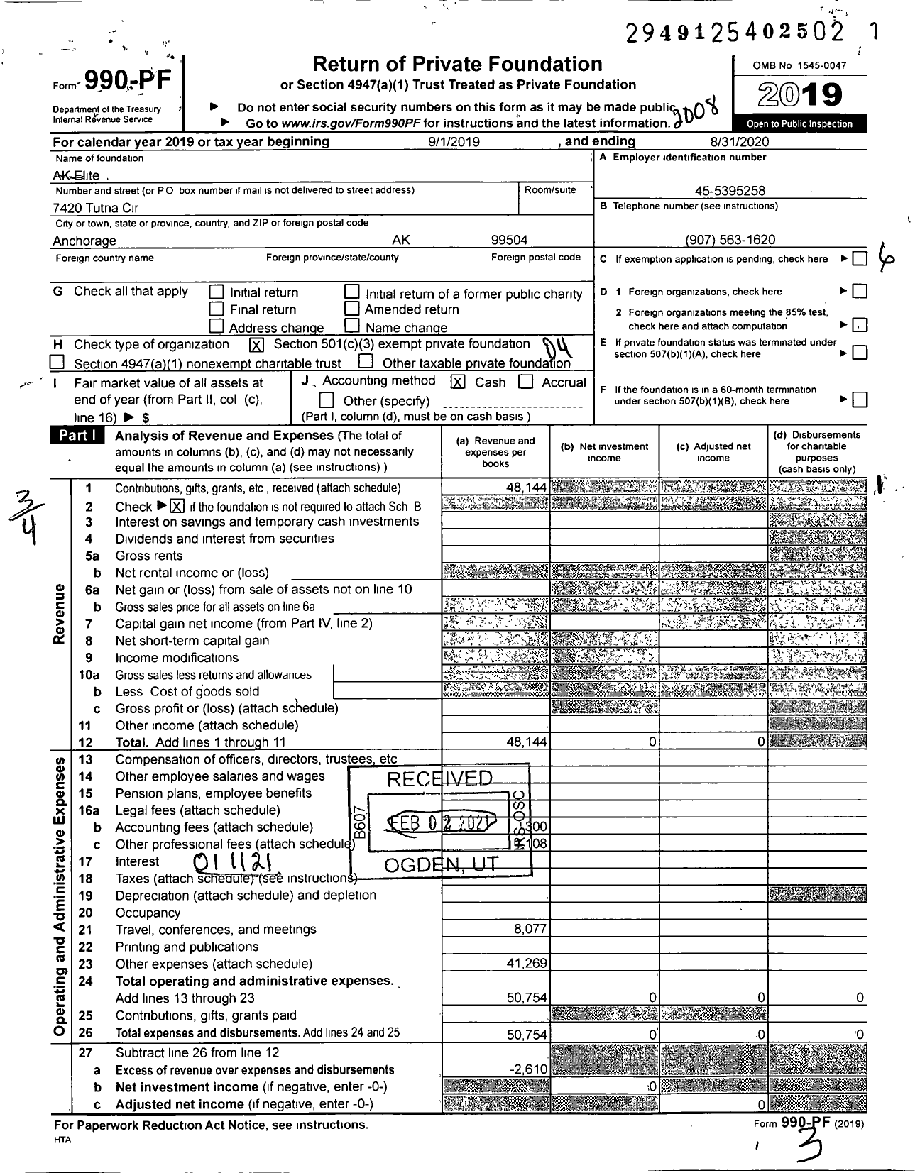 Image of first page of 2019 Form 990PF for AK Elite