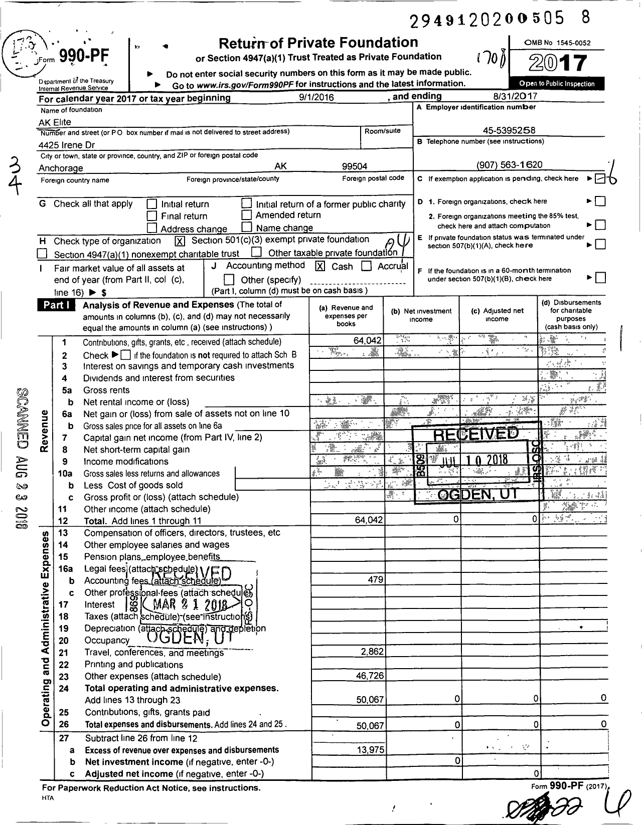 Image of first page of 2016 Form 990PF for AK Elite