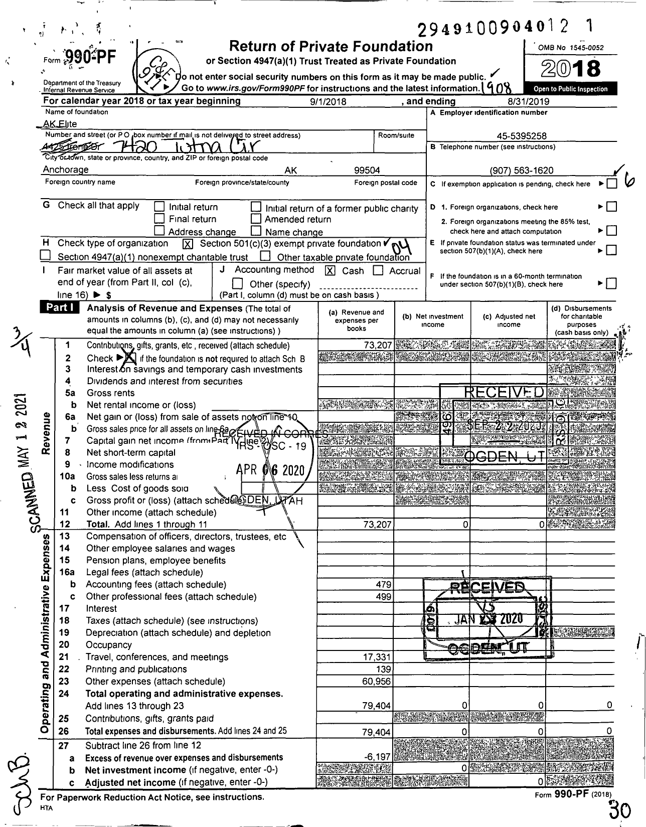 Image of first page of 2018 Form 990PF for AK Elite