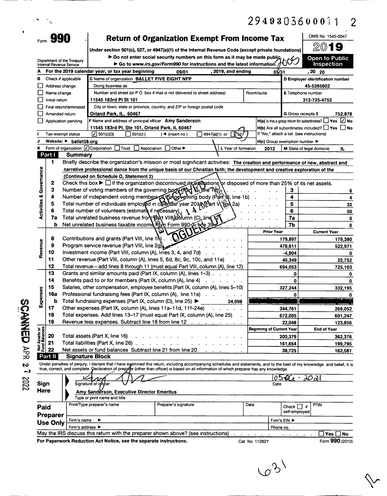 Image of first page of 2019 Form 990 for Ballet Five Eight NFP