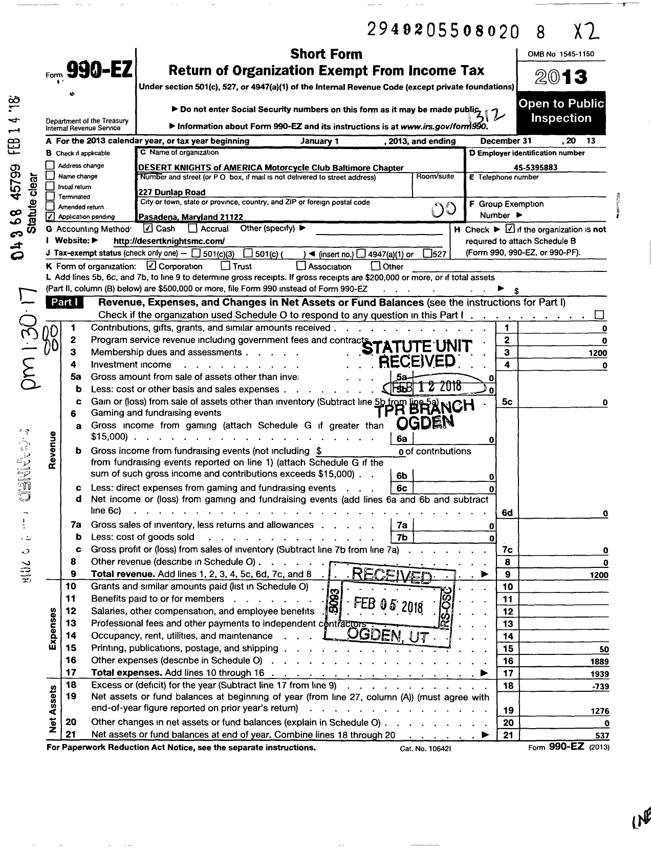 Image of first page of 2013 Form 990EO for Red and Tan Nation - 4 Baltimore Chapter