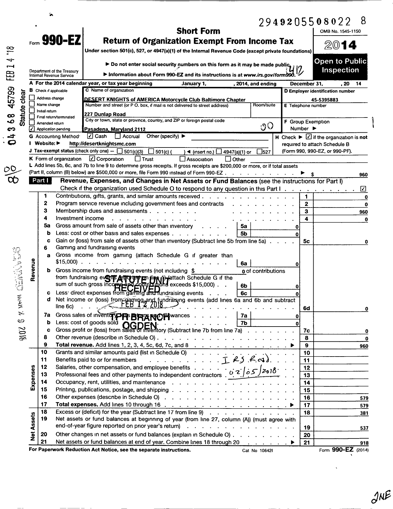 Image of first page of 2014 Form 990EO for Red and Tan Nation - 4 Baltimore Chapter