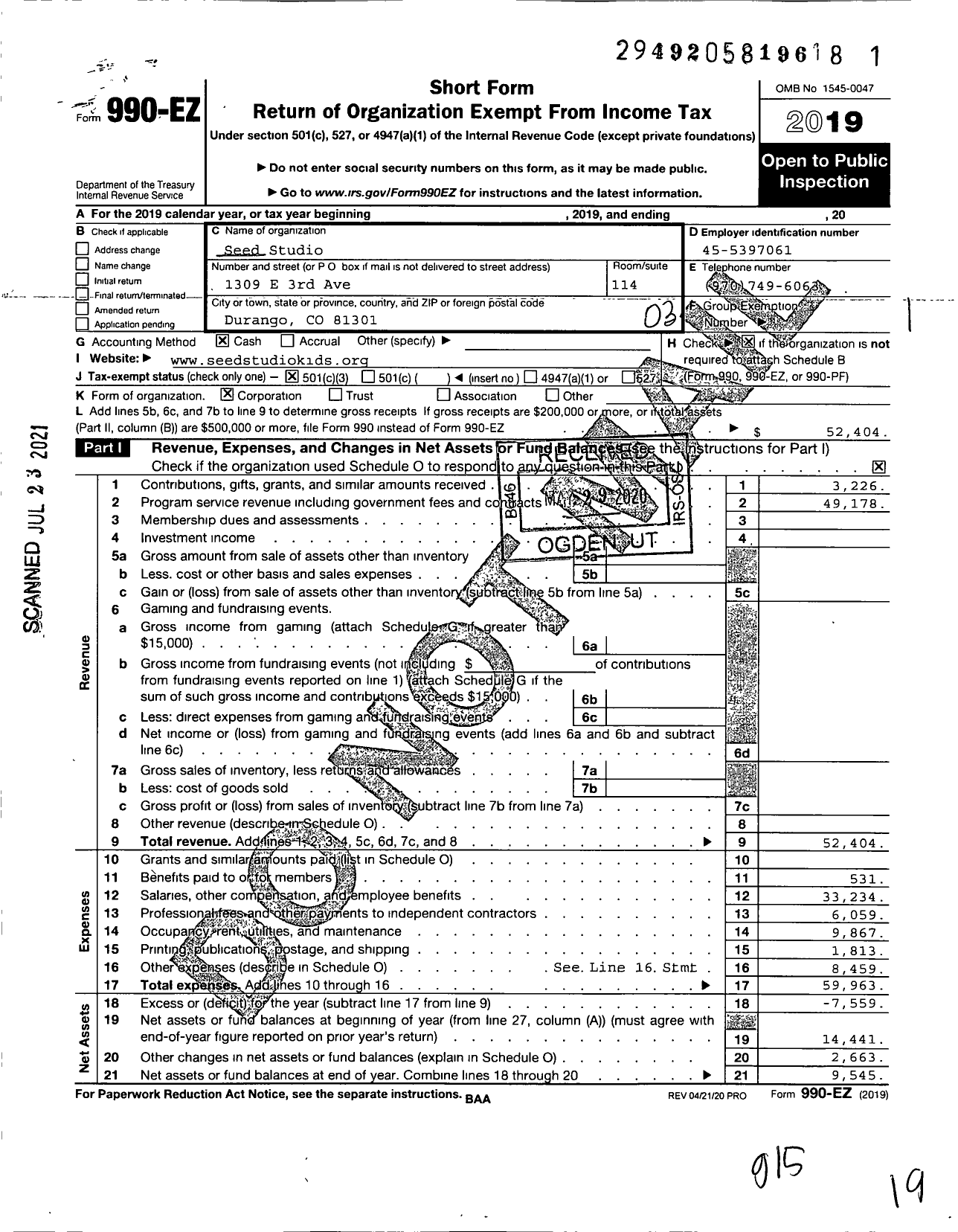 Image of first page of 2019 Form 990EZ for Seed Studio