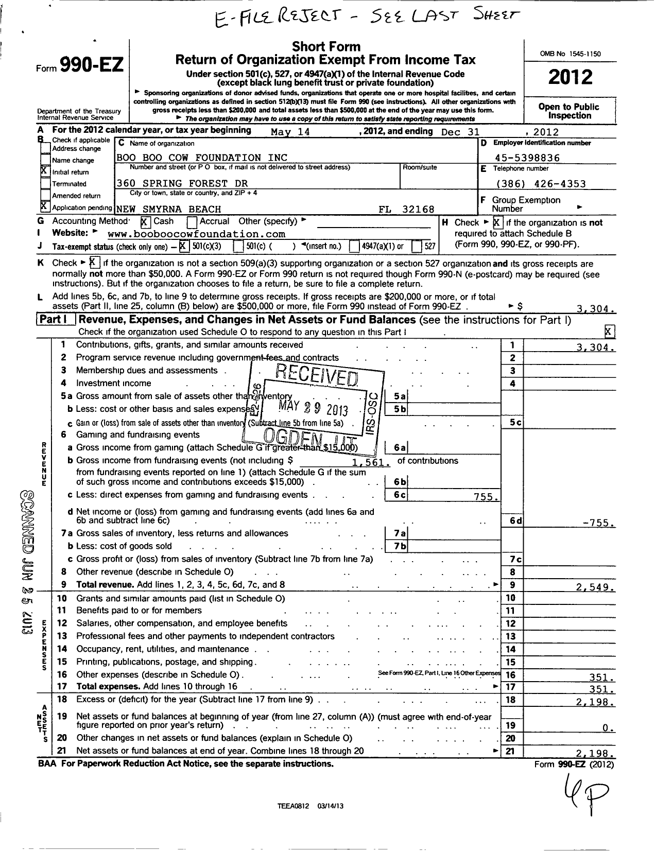 Image of first page of 2012 Form 990EZ for Boo Boo Cow Foundation