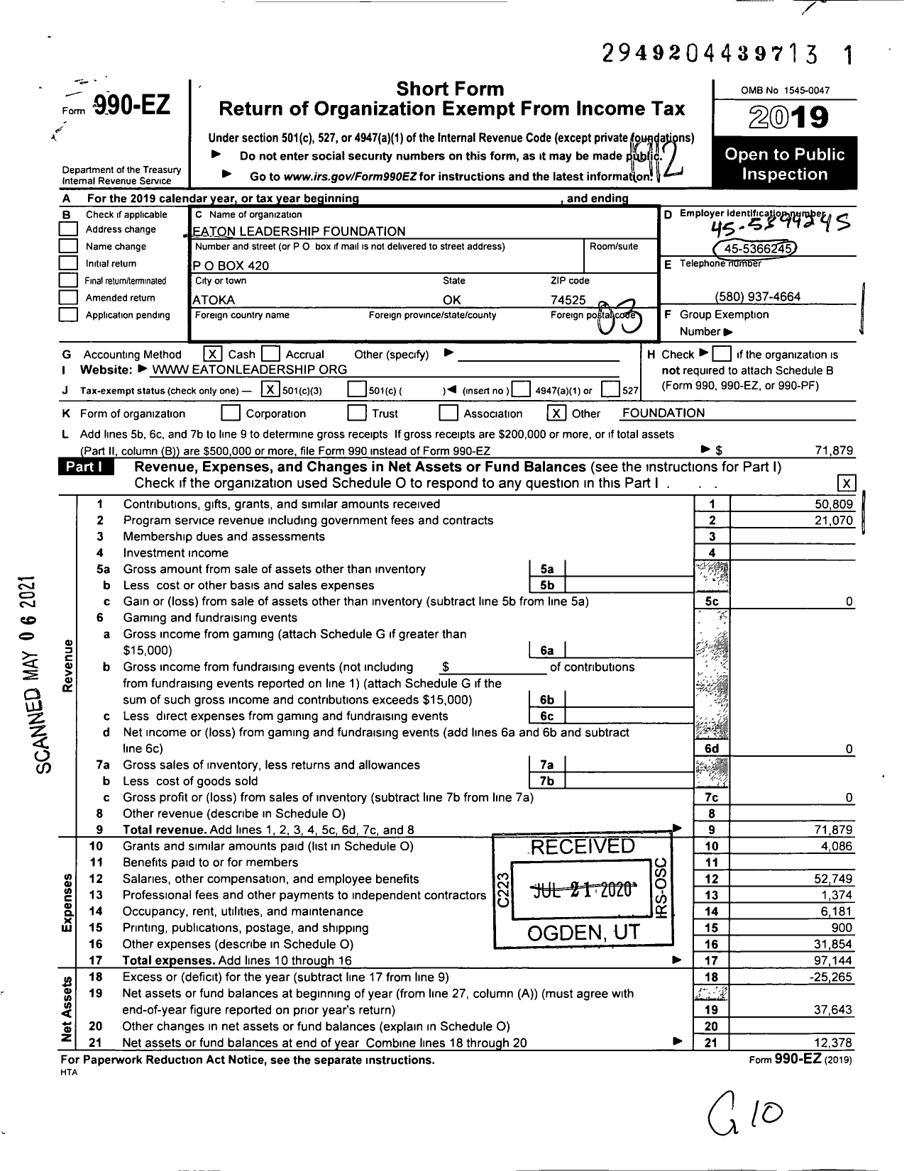Image of first page of 2019 Form 990EZ for Eaton Leadership Foundation