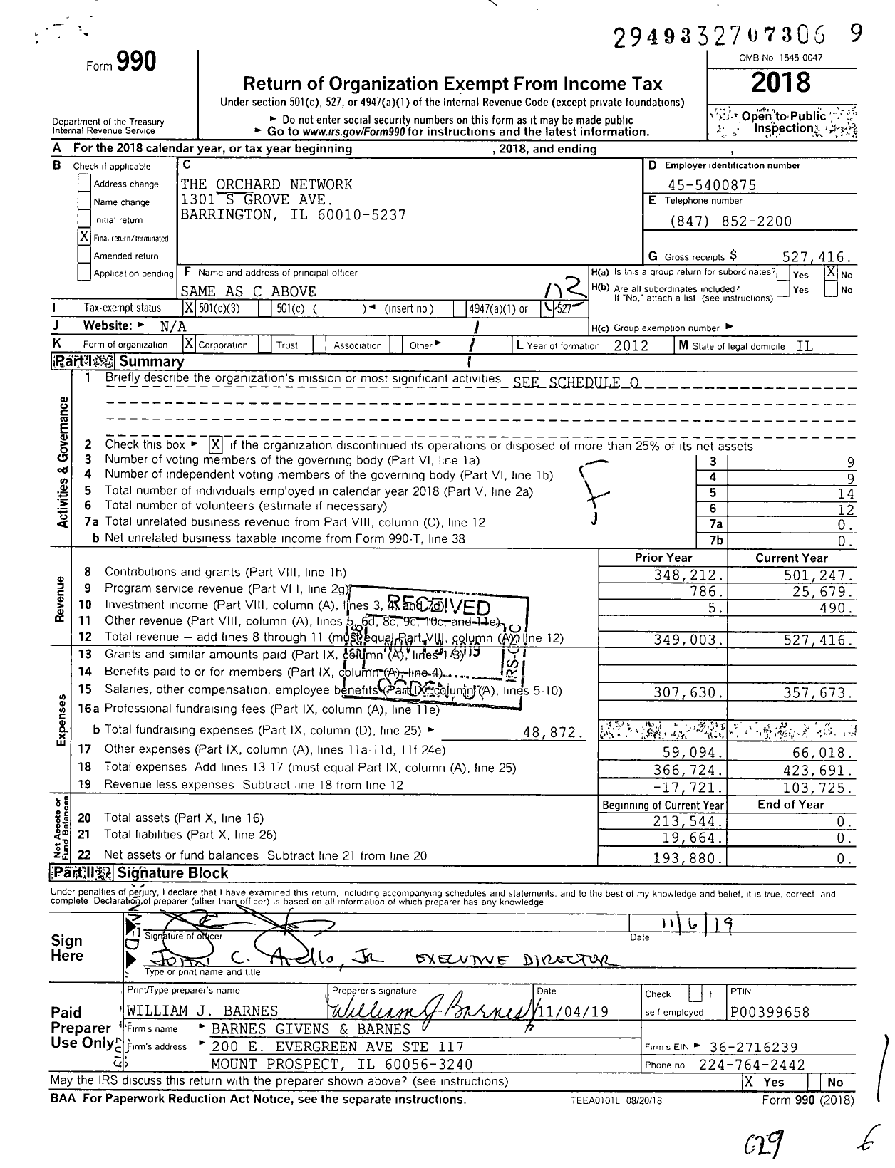 Image of first page of 2018 Form 990 for Orchard Network