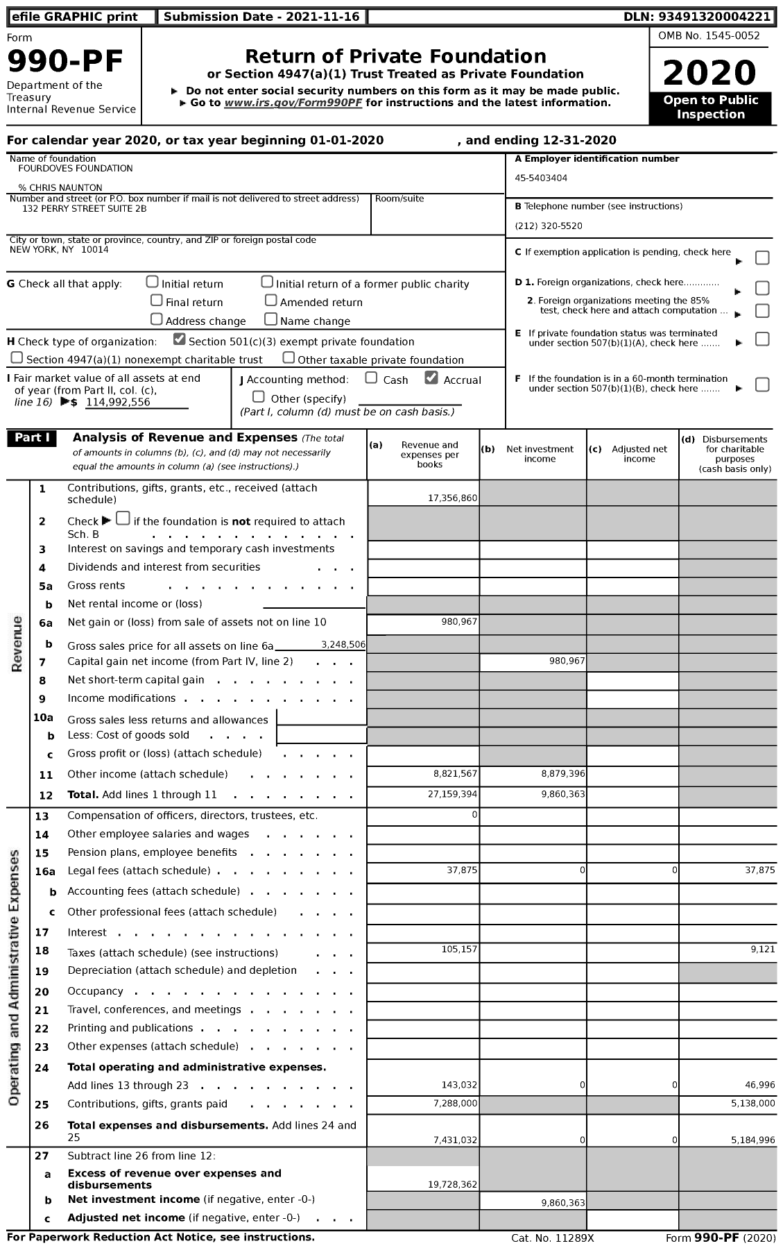 Image of first page of 2020 Form 990PF for Fourdoves Foundation