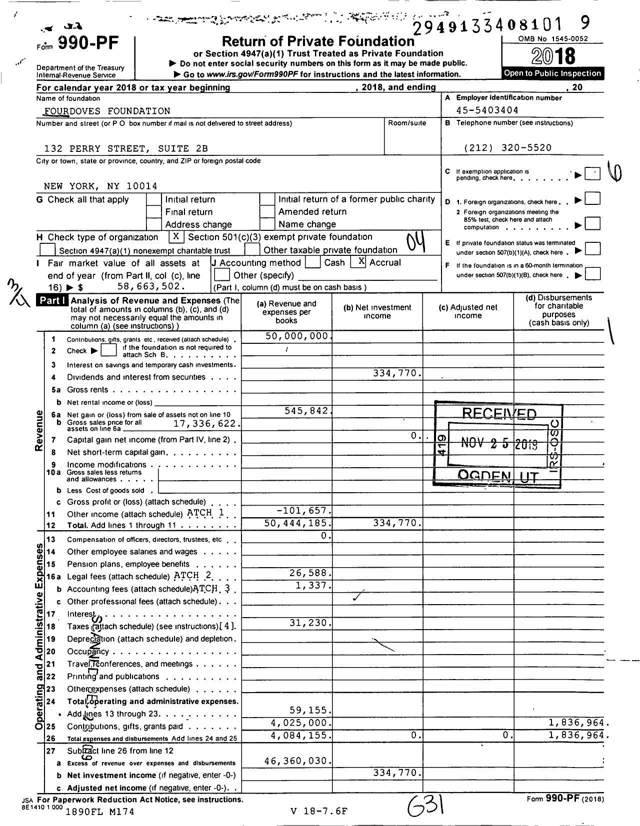 Image of first page of 2018 Form 990PF for Fourdoves Foundation