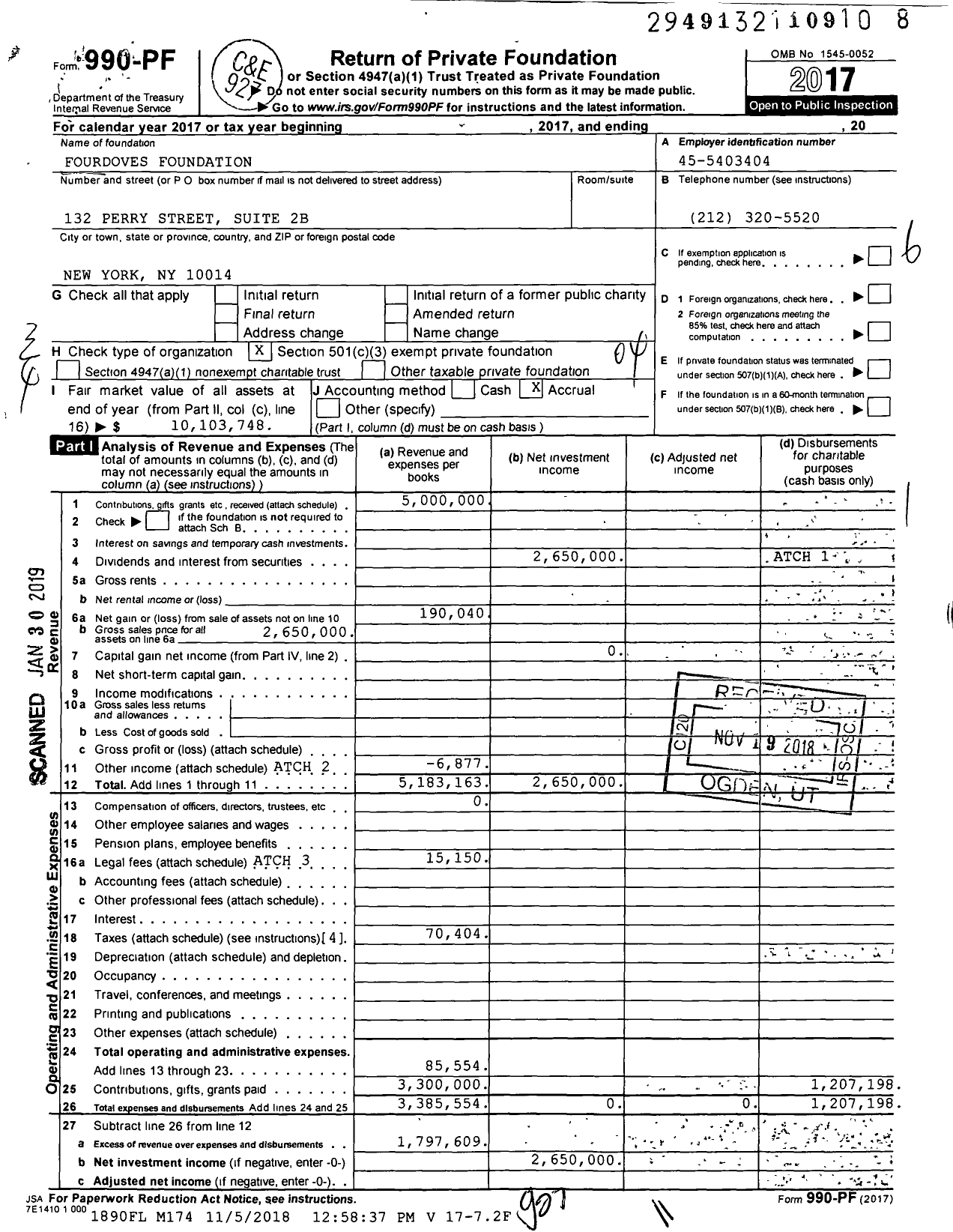 Image of first page of 2017 Form 990PF for Fourdoves Foundation