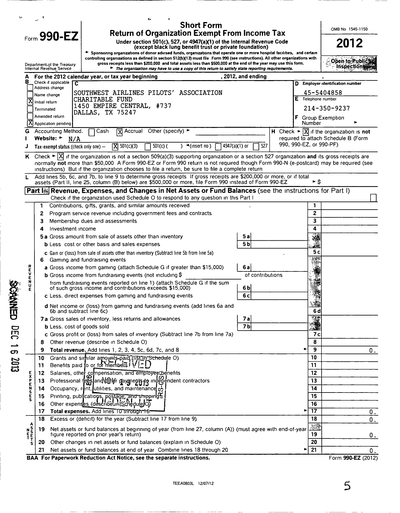 Image of first page of 2012 Form 990EZ for Southwest Airlines Pilots Association Charitable Fund