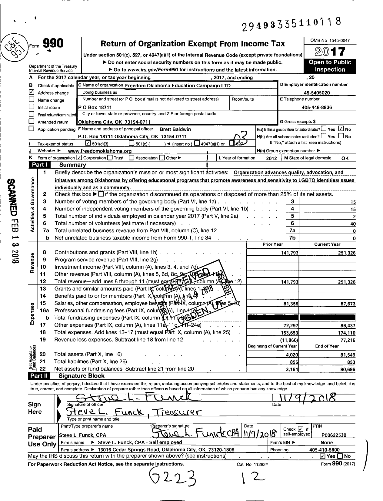 Image of first page of 2017 Form 990 for Freedom Oklahoma Education Campaign