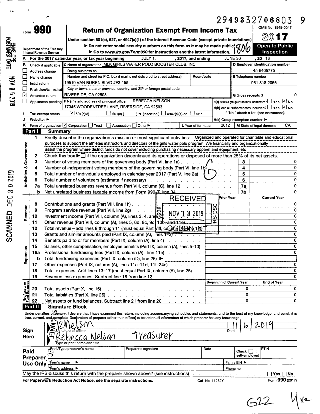 Image of first page of 2017 Form 990 for Parent Booster USA / MLK Girls Water Polo Booster Club