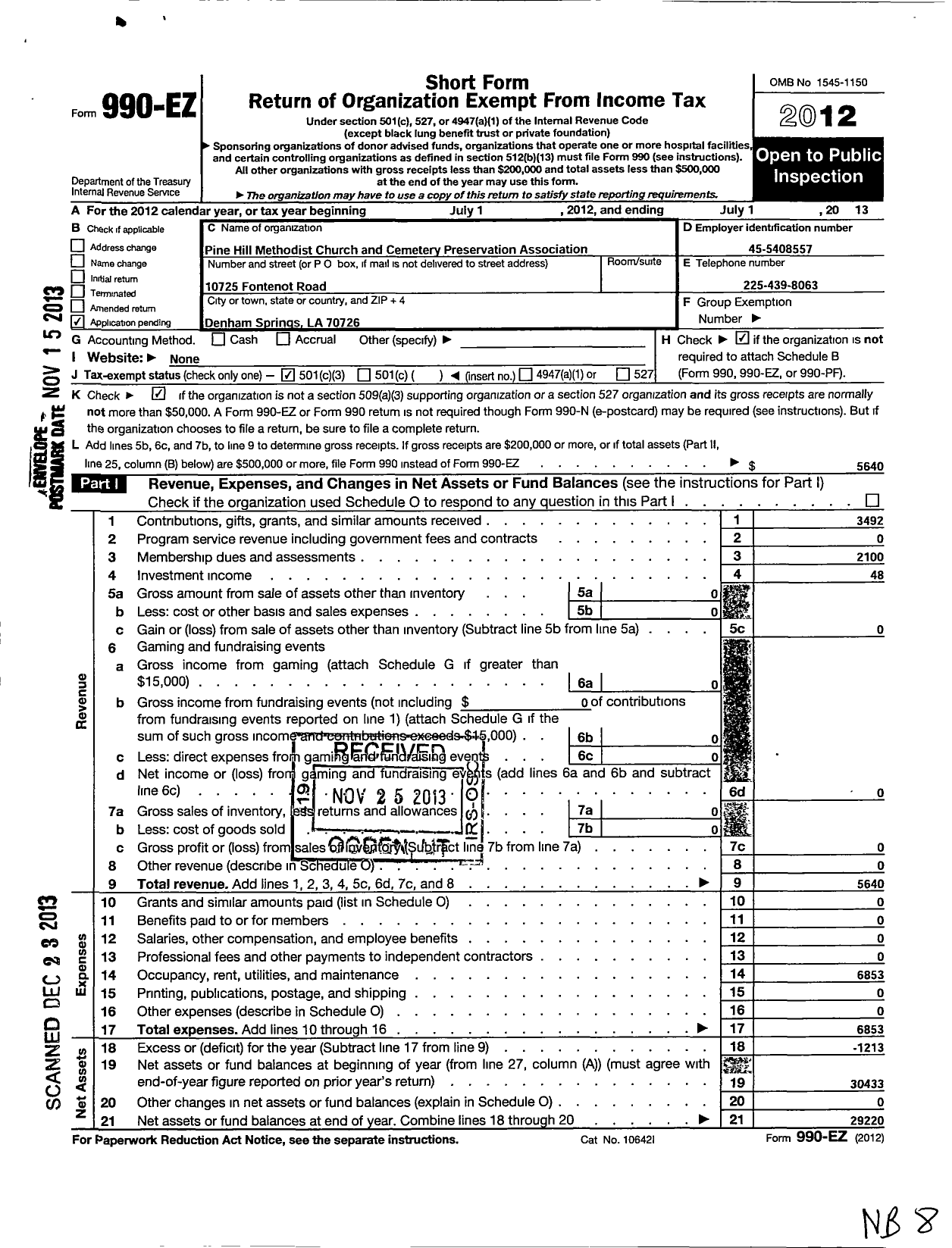 Image of first page of 2012 Form 990EZ for Pine Hill Methodist Church and Cemetery Preservation Association