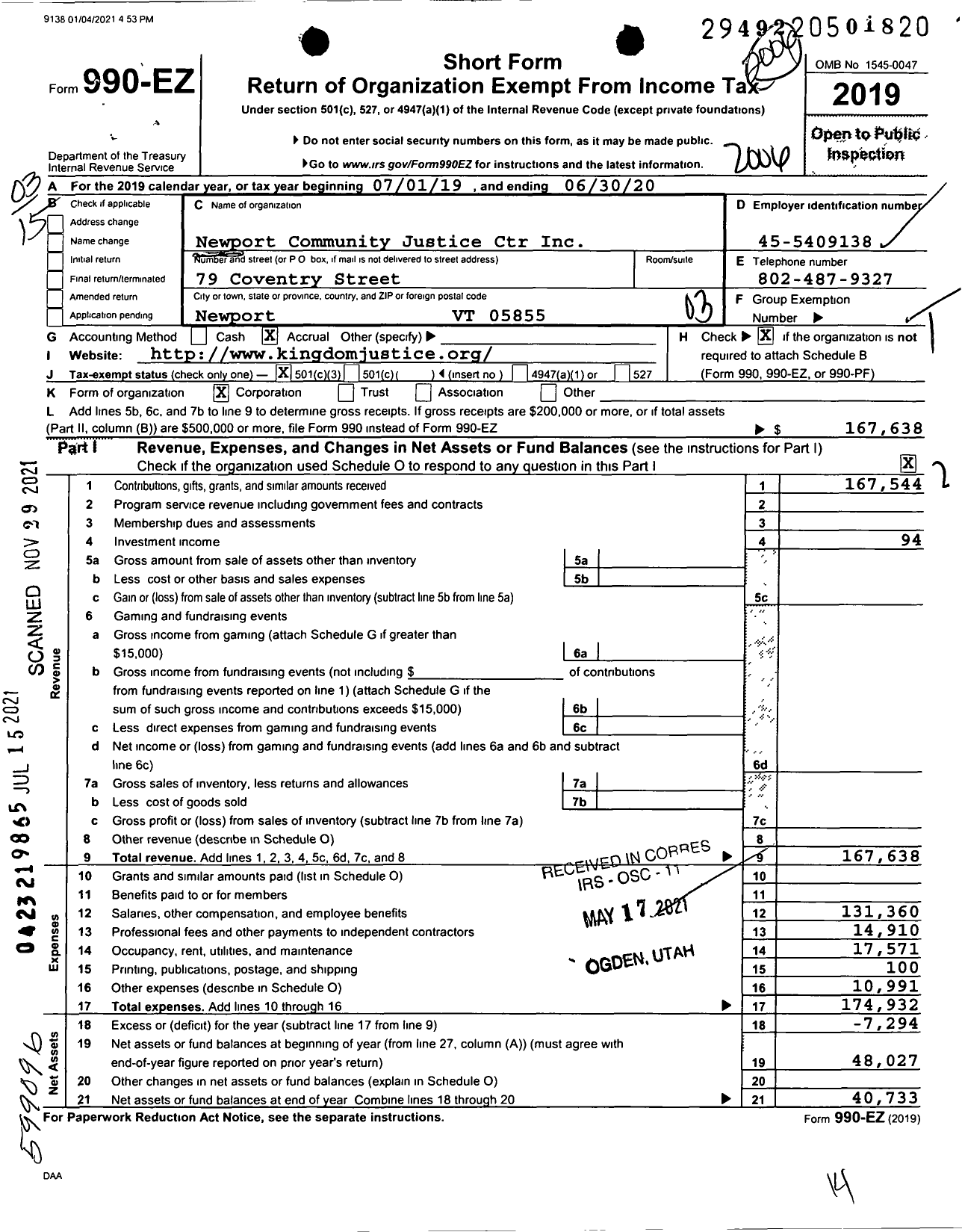 Image of first page of 2019 Form 990EZ for Newport Community Justice Ctr