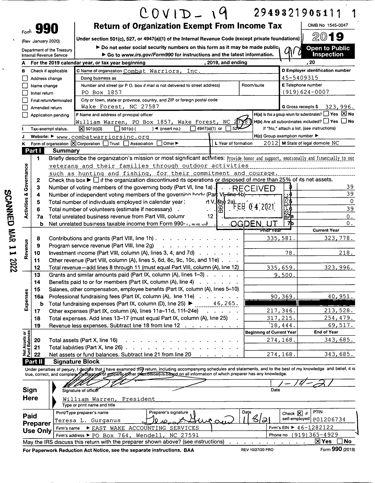 Image of first page of 2019 Form 990 for Combat Warriors