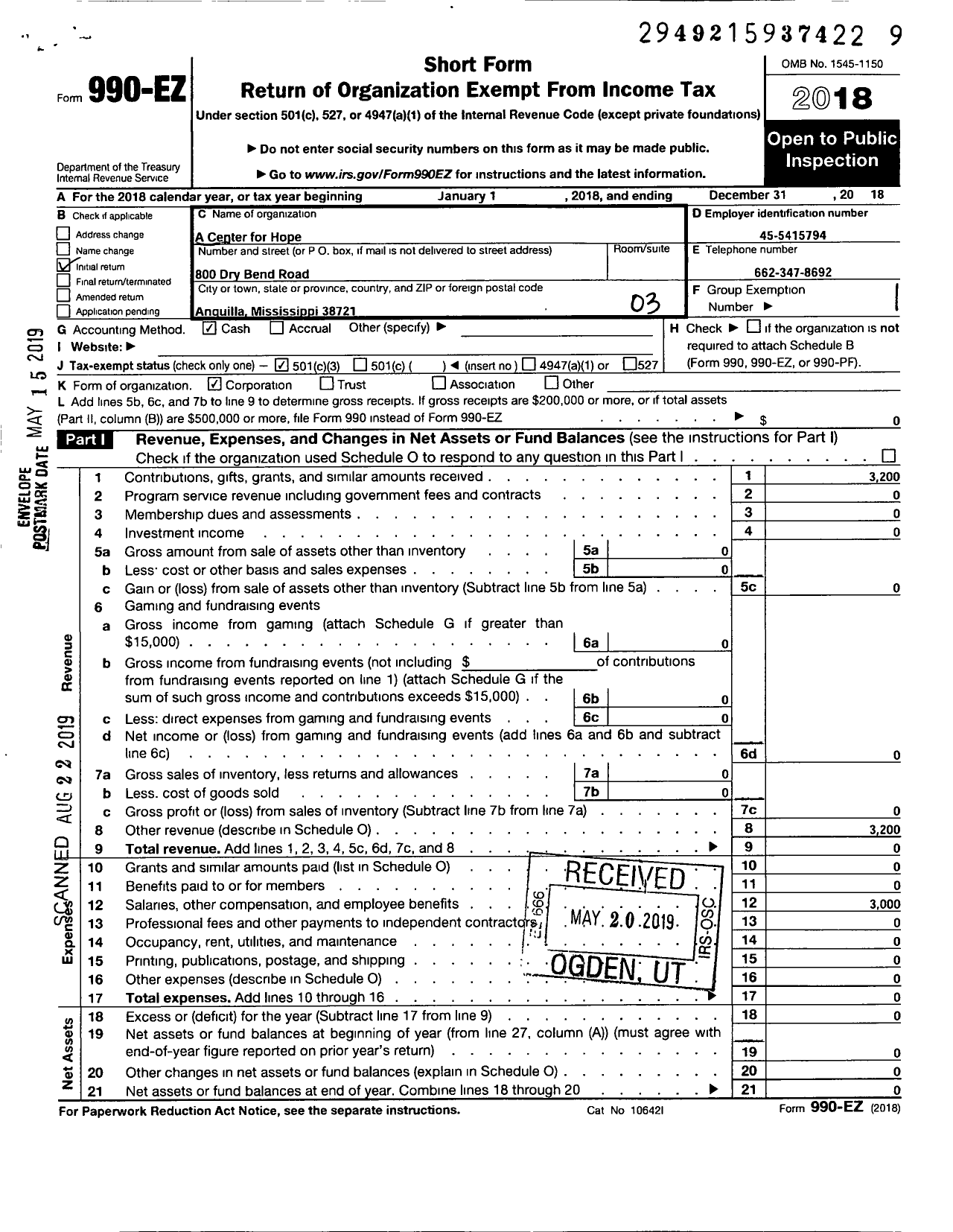 Image of first page of 2018 Form 990EZ for A Center for Hope