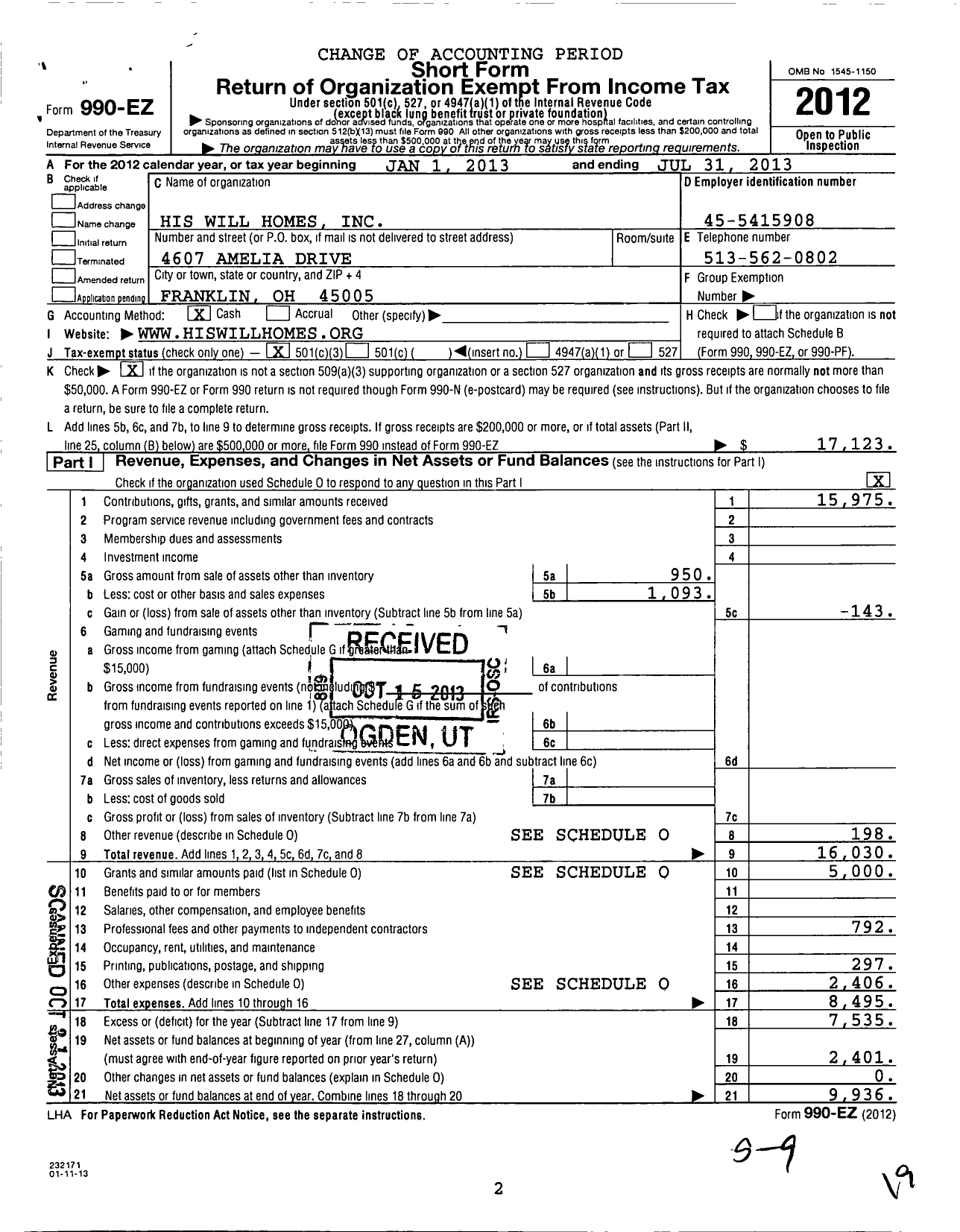 Image of first page of 2012 Form 990EZ for His Will Homes