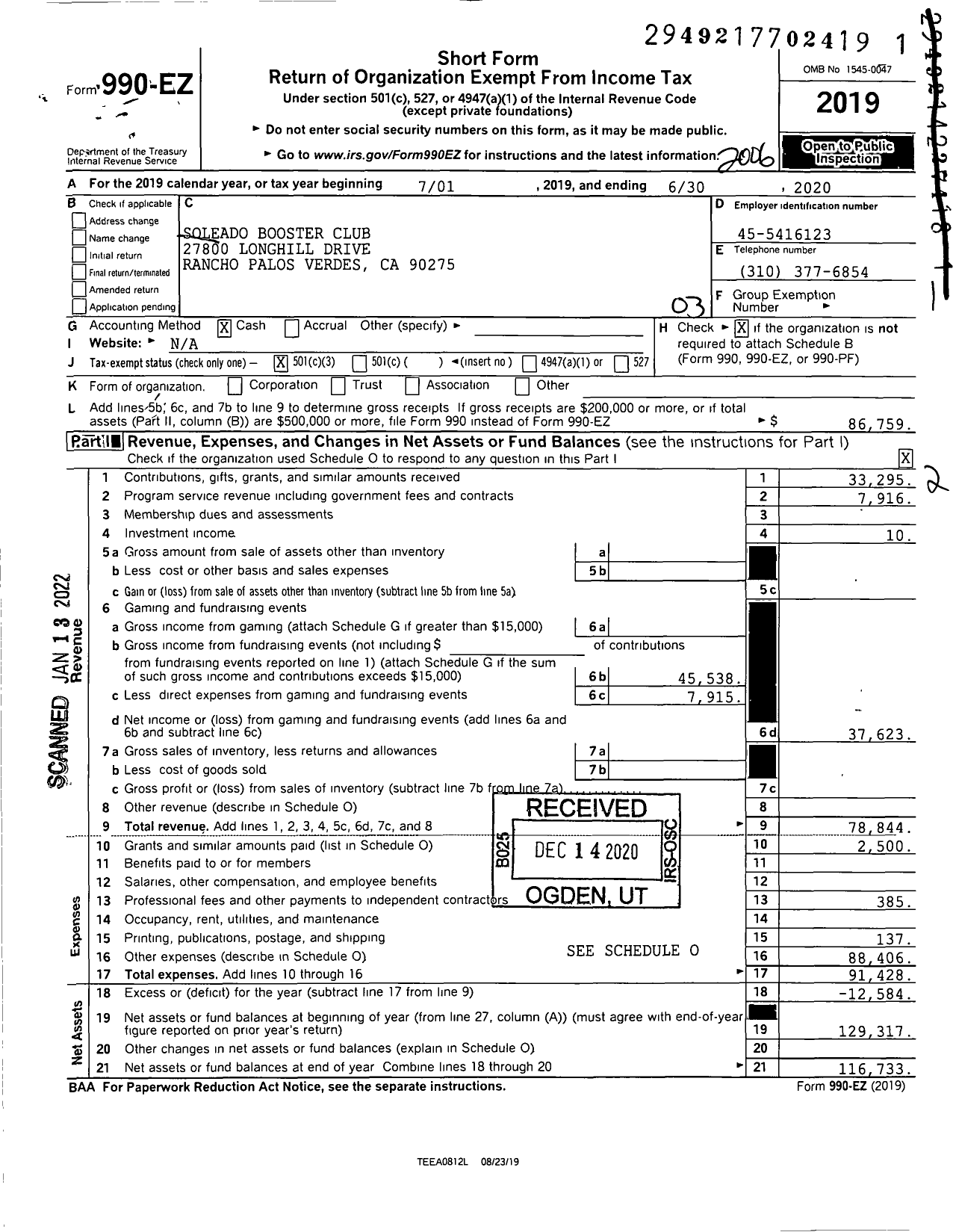 Image of first page of 2019 Form 990EZ for Soleado Booster Club