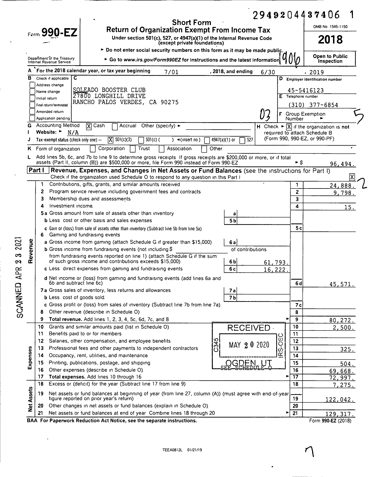 Image of first page of 2018 Form 990EZ for Soleado Booster Club