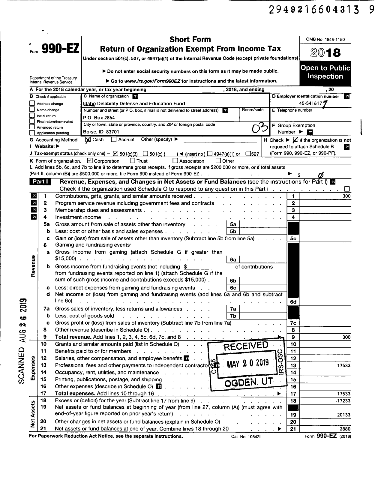 Image of first page of 2018 Form 990EZ for Idaho Disability Defense and Education Fund (IDDEF)