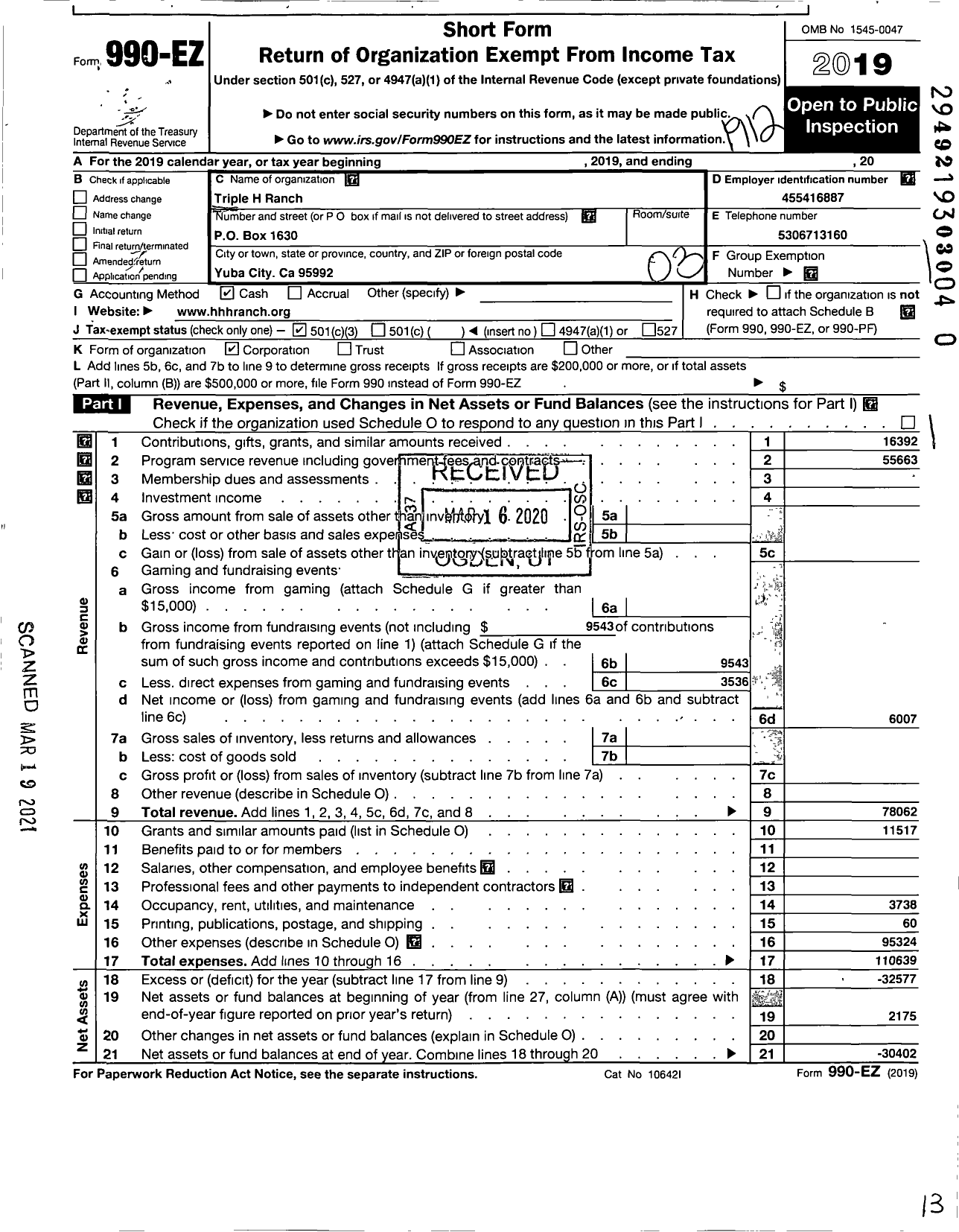 Image of first page of 2019 Form 990EZ for Triple H Ranch