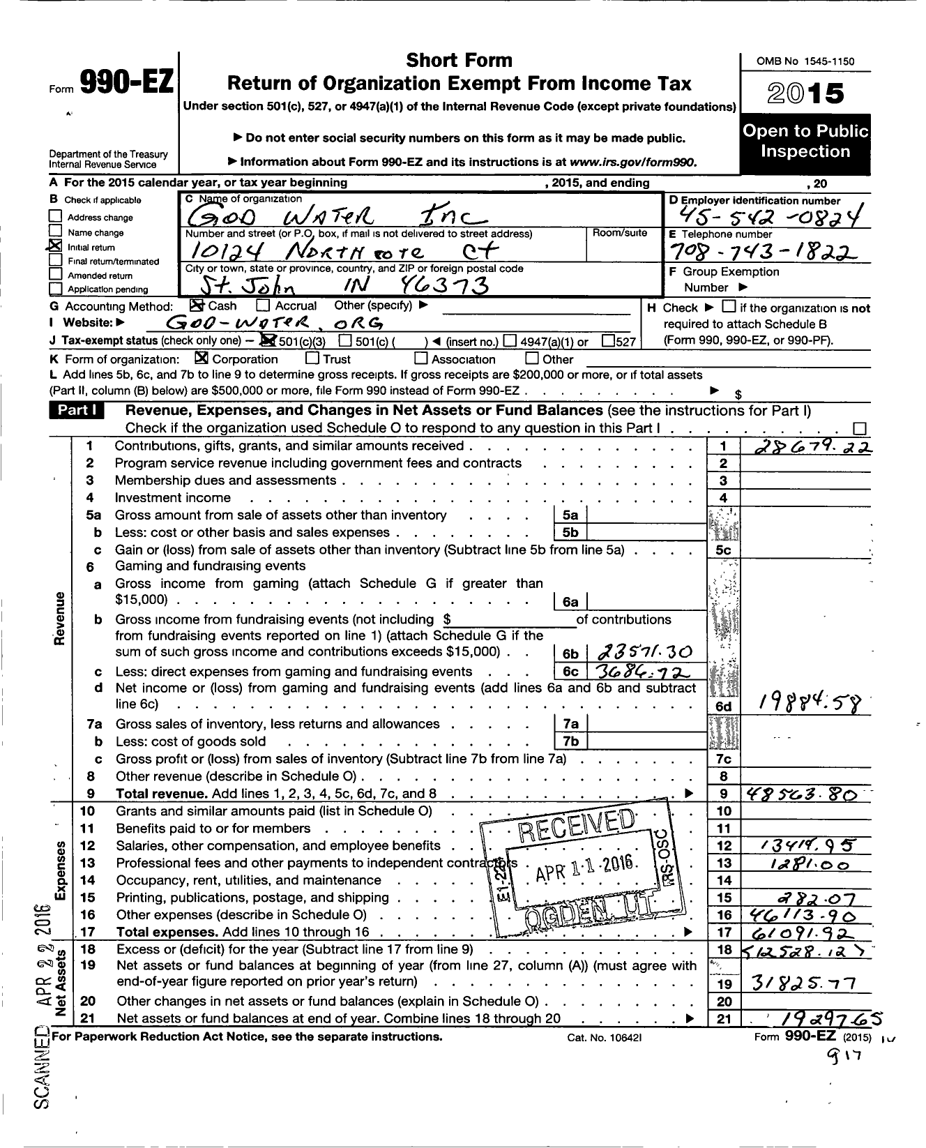 Image of first page of 2015 Form 990EZ for God Water