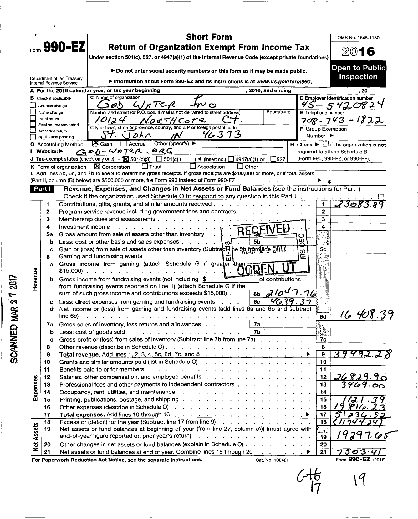 Image of first page of 2016 Form 990EZ for God Water