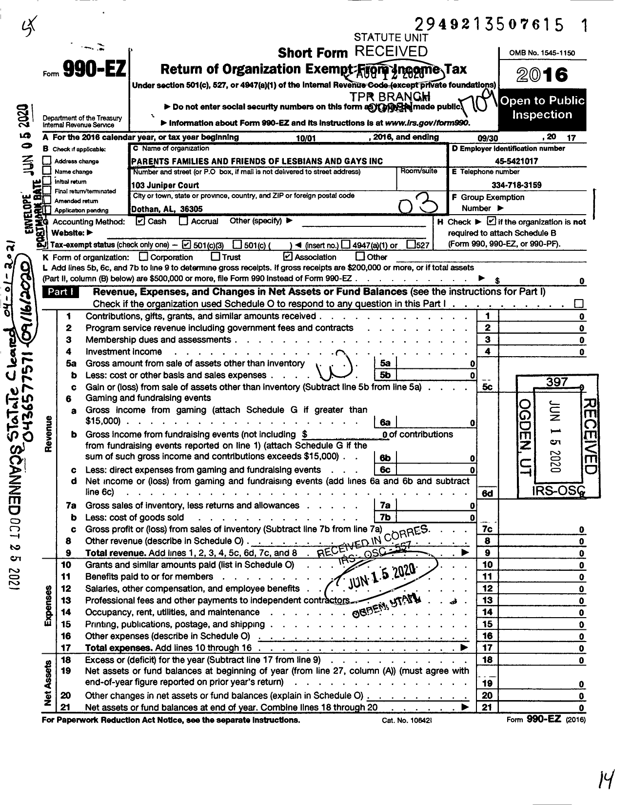 Image of first page of 2016 Form 990EZ for Pflag Dothan