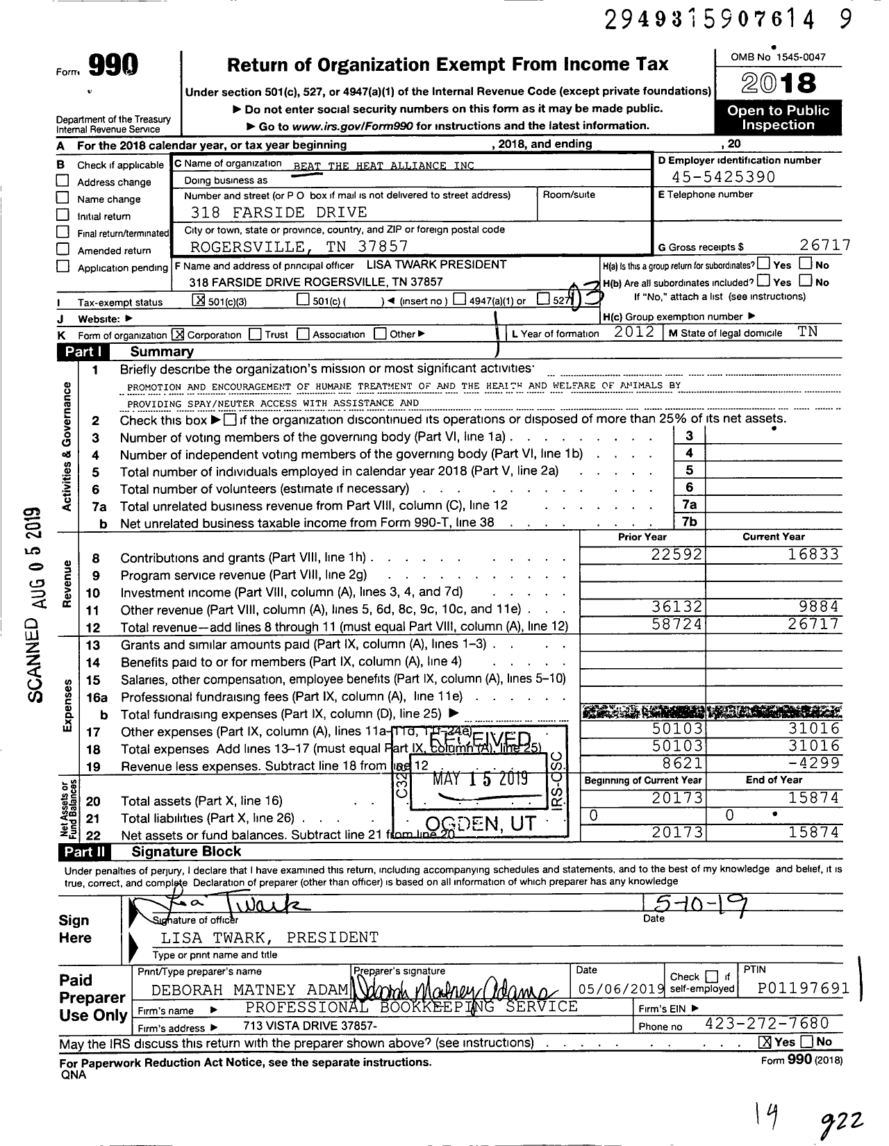 Image of first page of 2018 Form 990 for Beat the Heat Alliance