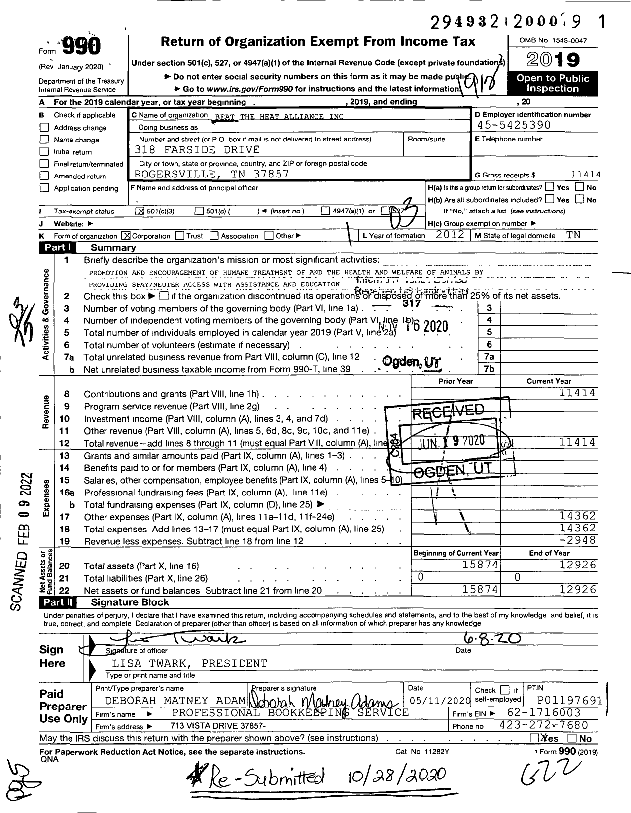 Image of first page of 2019 Form 990 for Beat the Heat Alliance