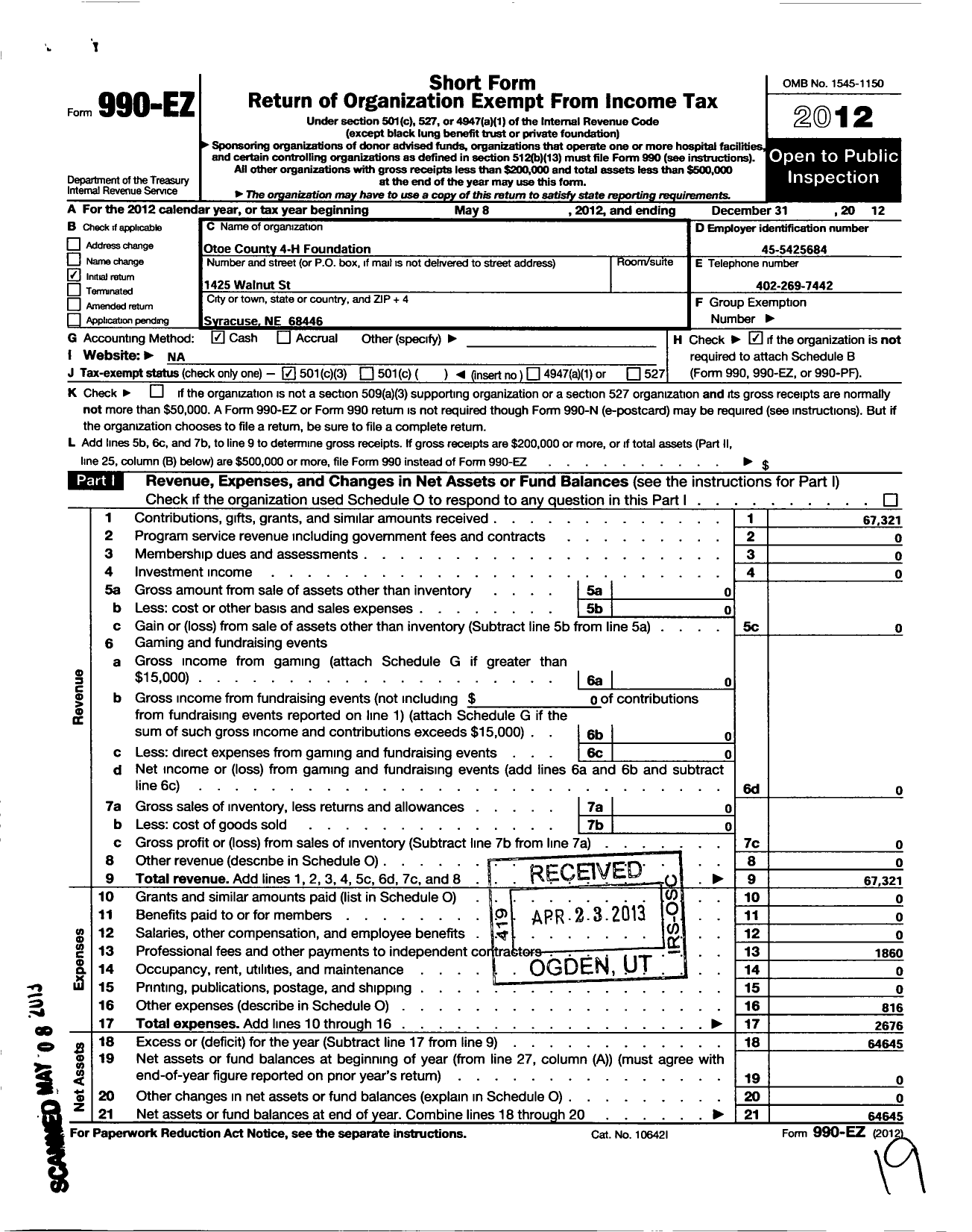 Image of first page of 2012 Form 990EZ for Otoe County 4-H Foundation