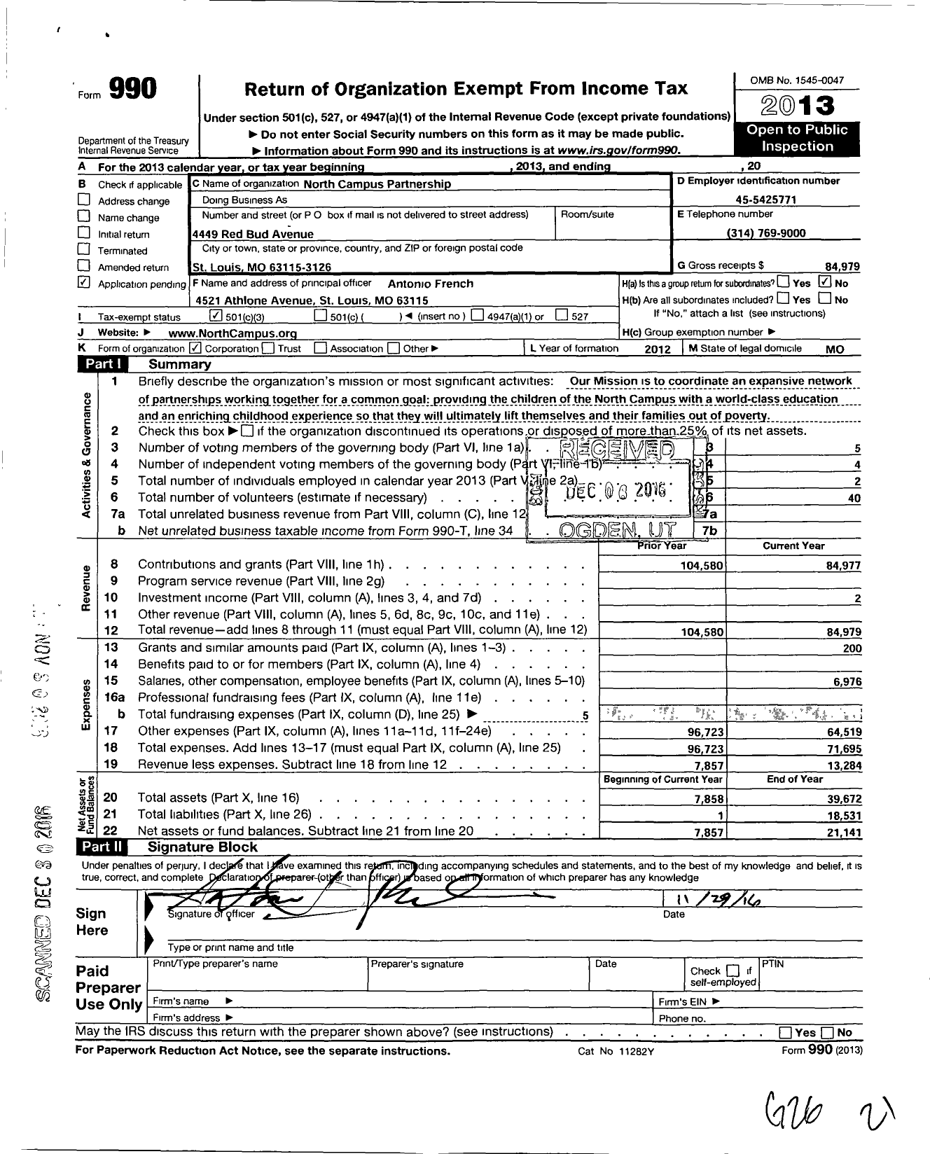 Image of first page of 2013 Form 990 for North Campus Partnership