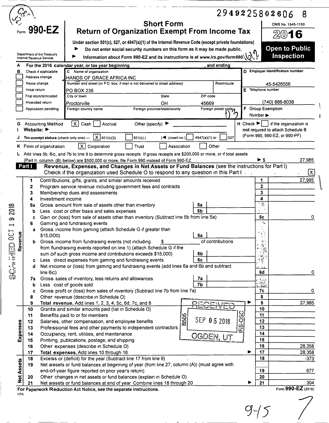 Image of first page of 2016 Form 990EZ for Hands of Grace Africa