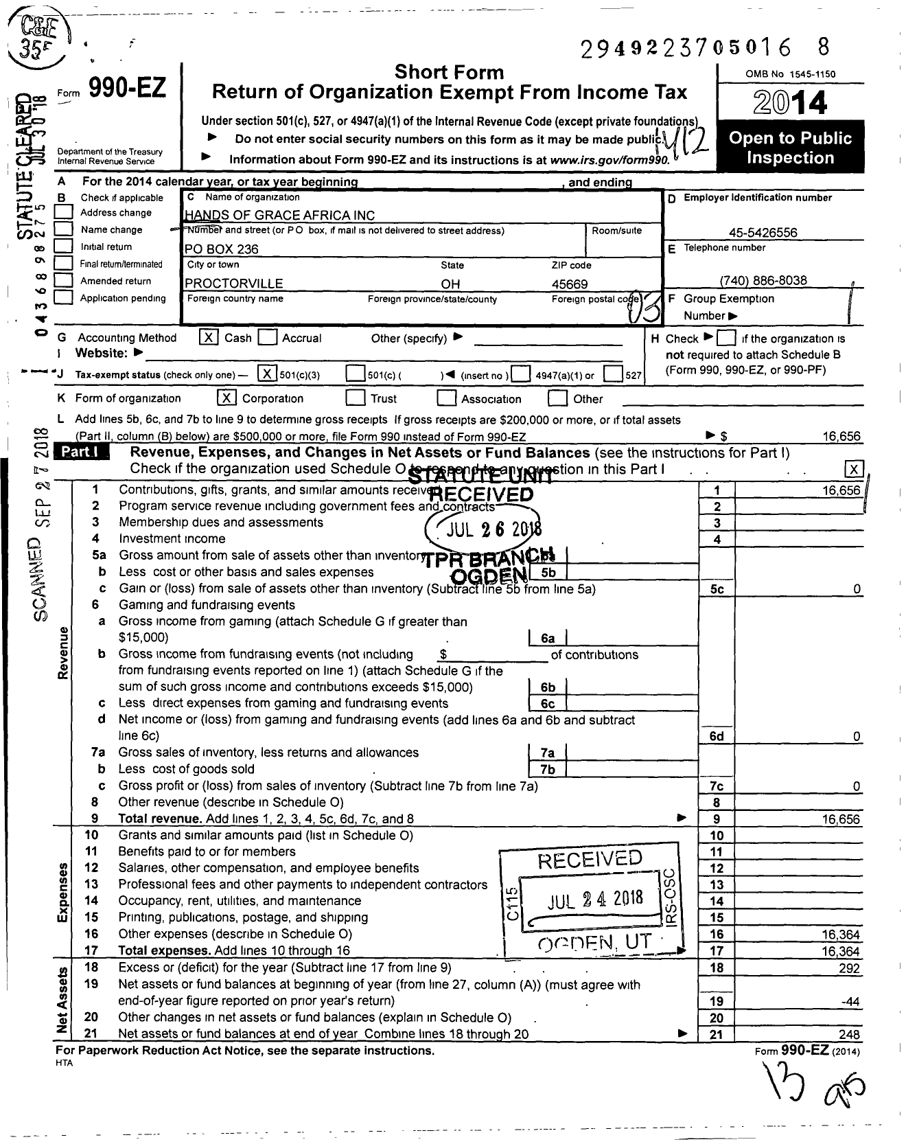 Image of first page of 2014 Form 990EZ for Hands of Grace Africa